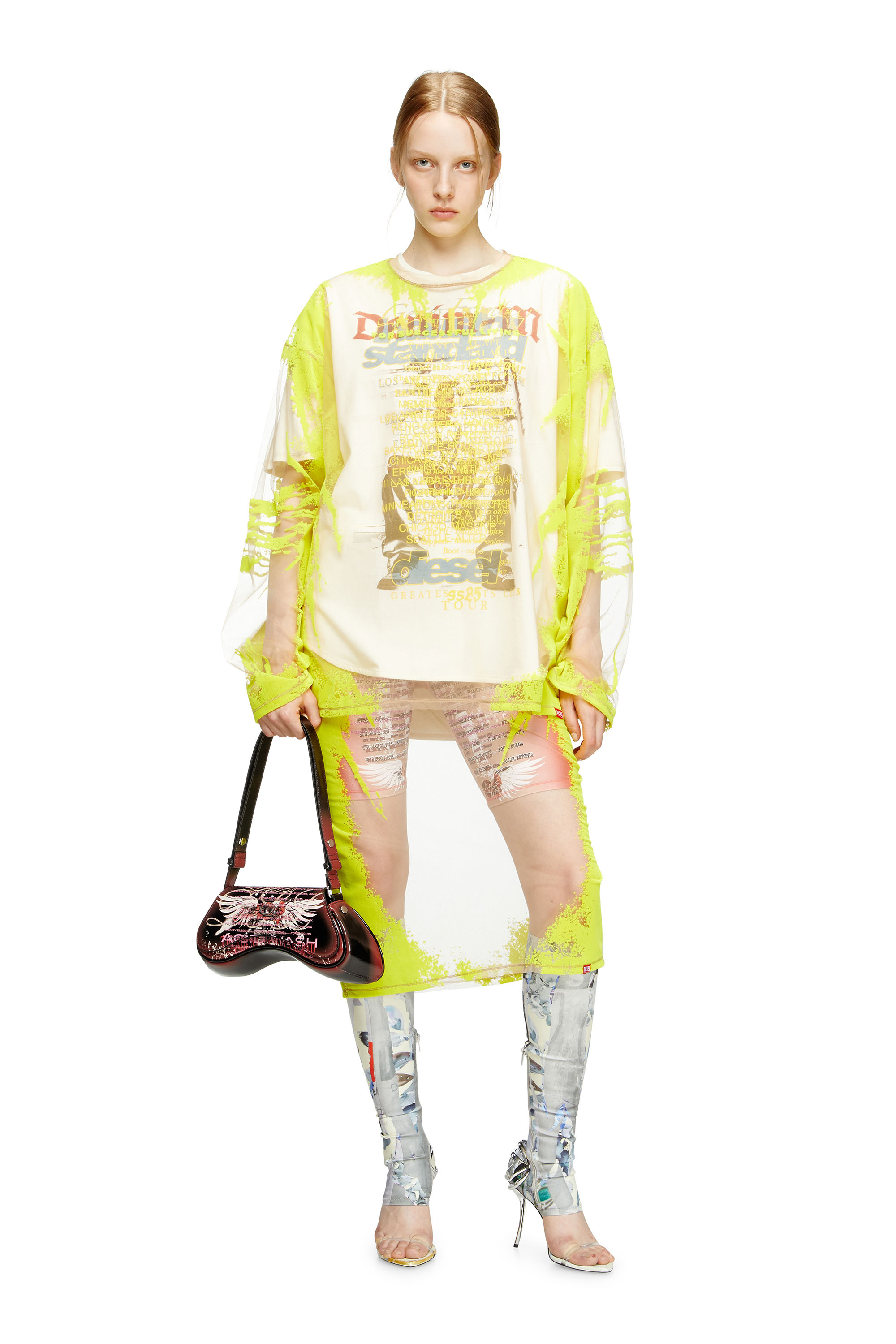 Diesel - O-LYAC, Woman's Layered midi skirt with lyrics print in Yellow/Pink - 1