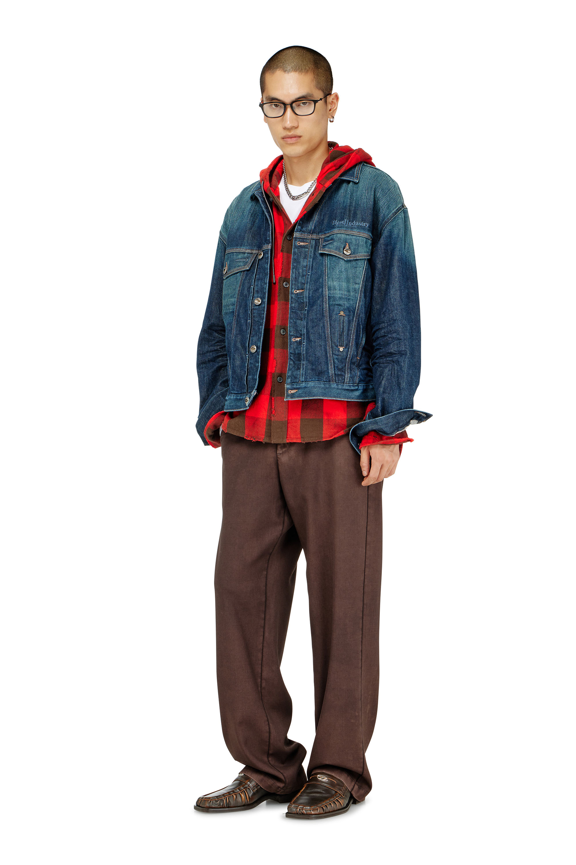 Diesel - S-DRUM-HOODY, Man's Distressed hooded shirt in check flannel in null - 1