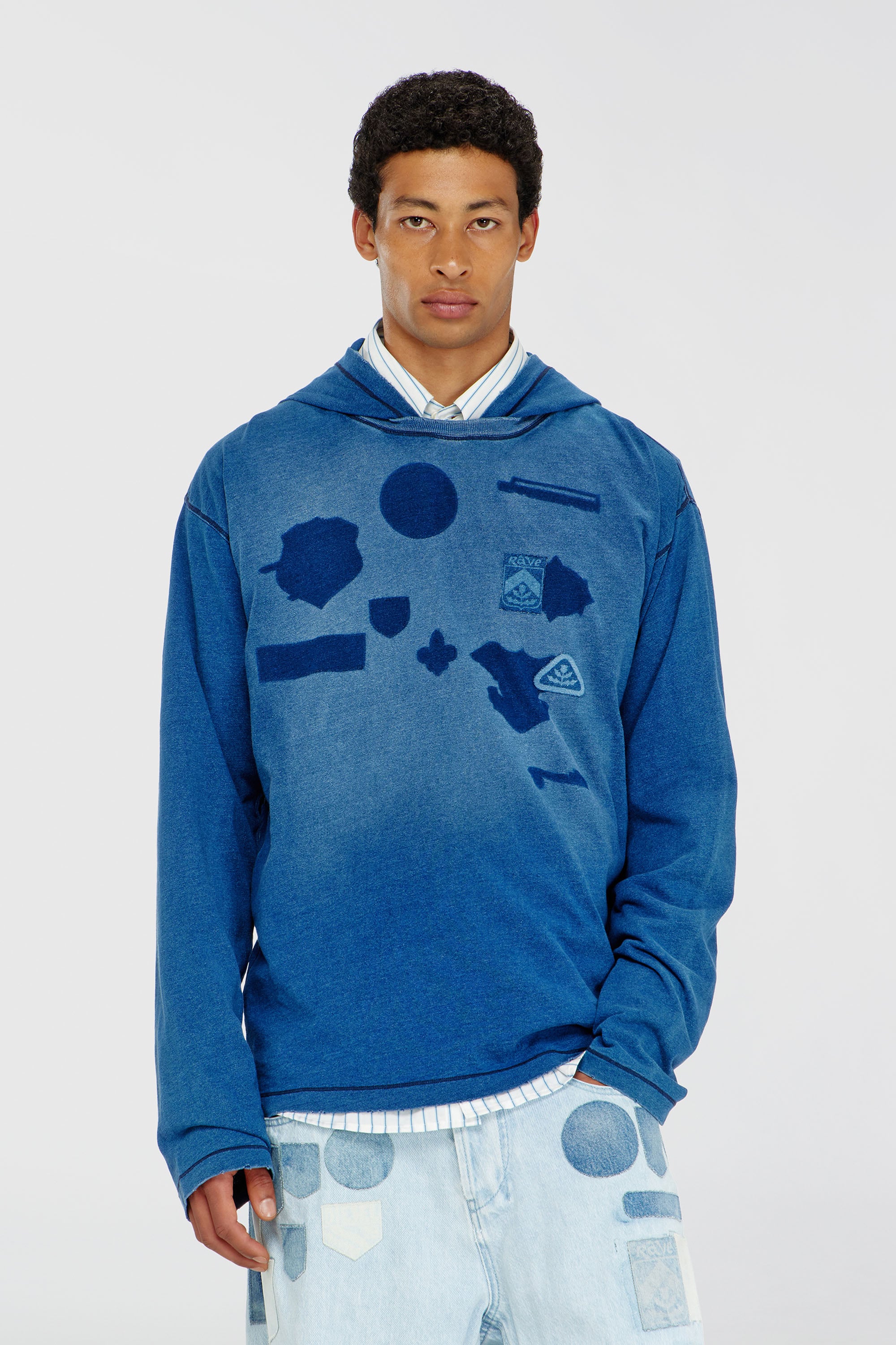 Diesel - T-NOX-LS-HOOD, Man's Hooded long-sleeve T-shirt with shadow-effect patches in Medium blue - 1