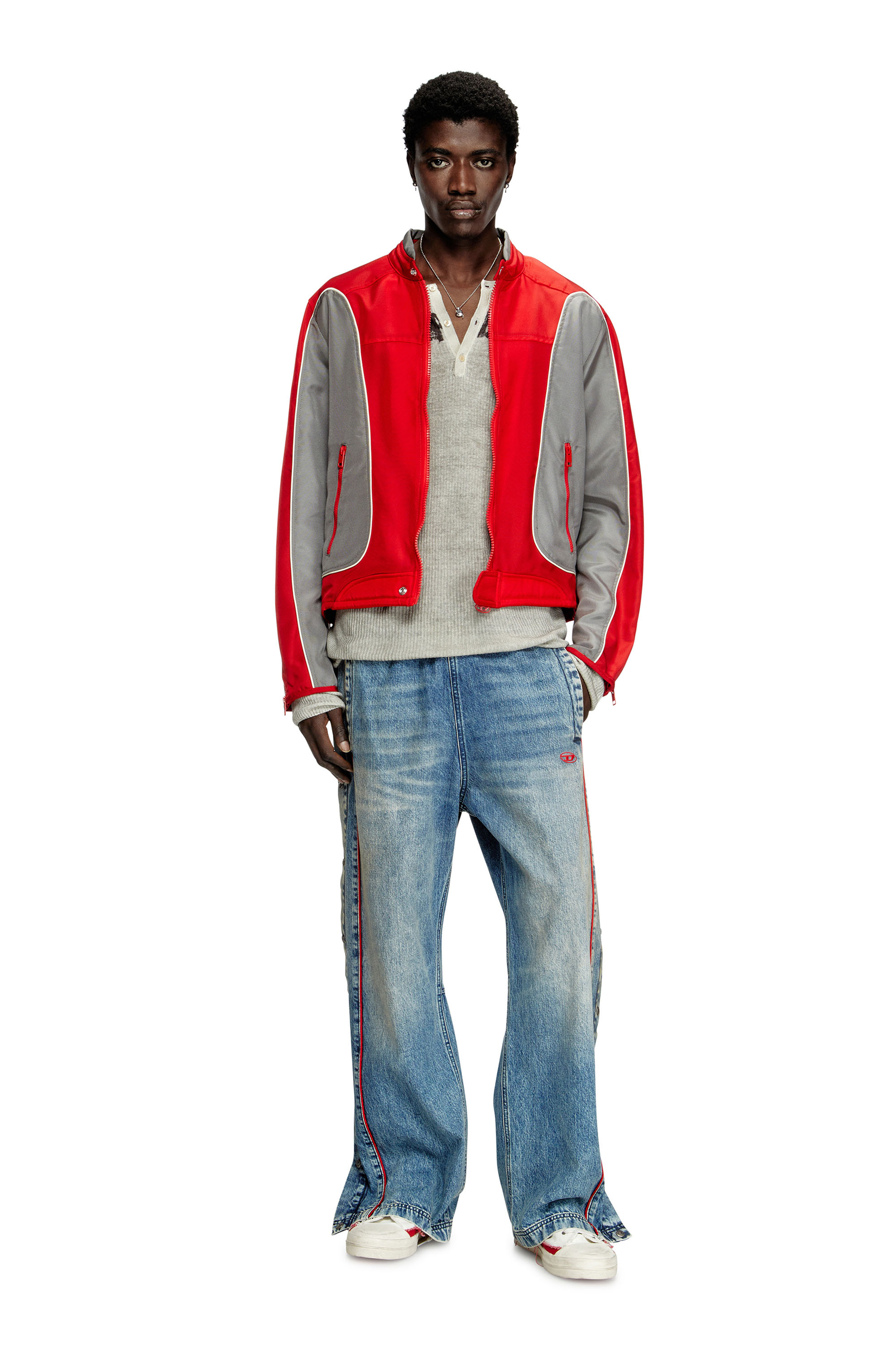 Diesel - J-BLINK-A, Man's Colour-block biker jacket with piping in Red/Grey - 1