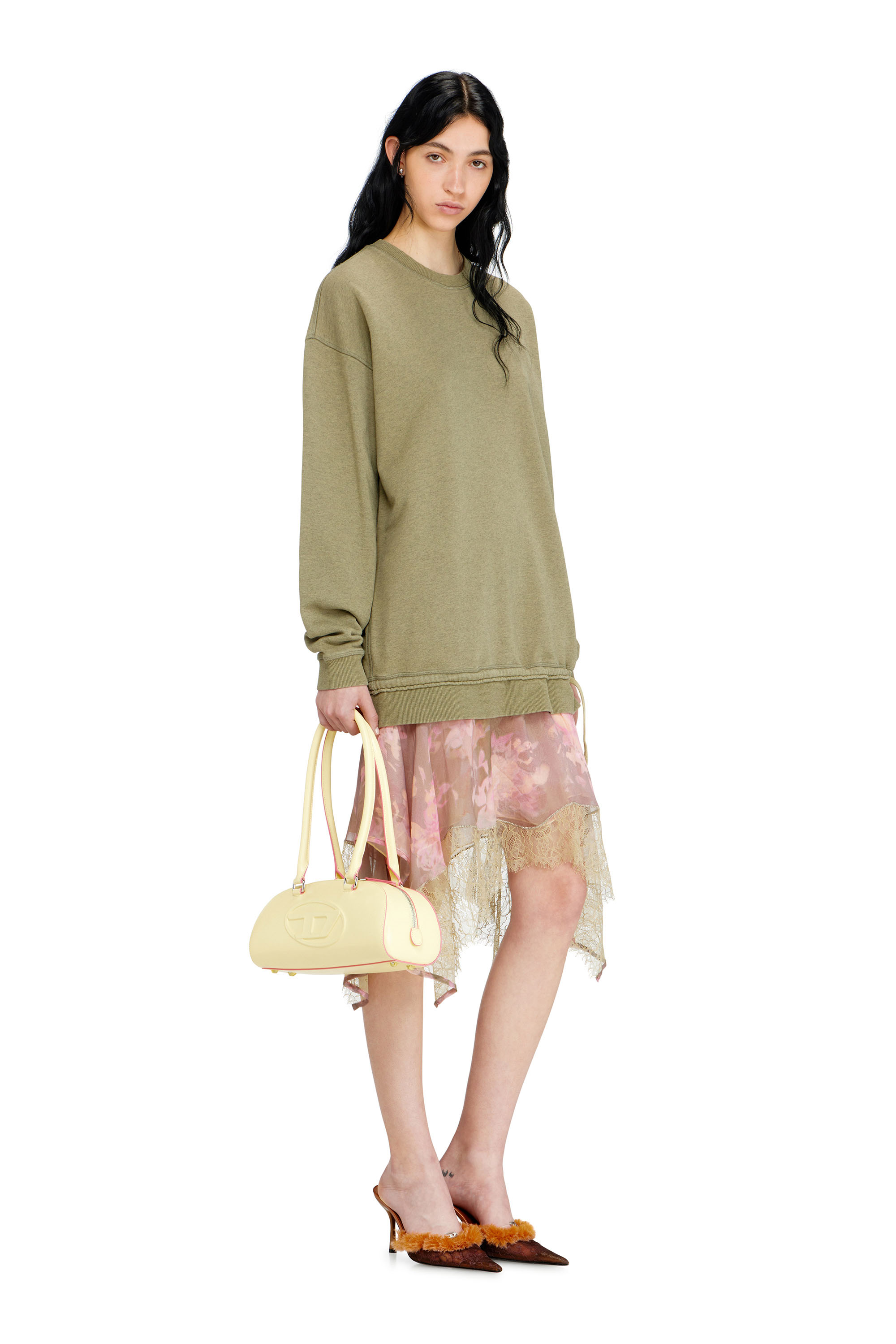 Diesel - D-ORELY, Woman's Sweatshirt dress with chiffon and lace skirt in Pink/Green - 1