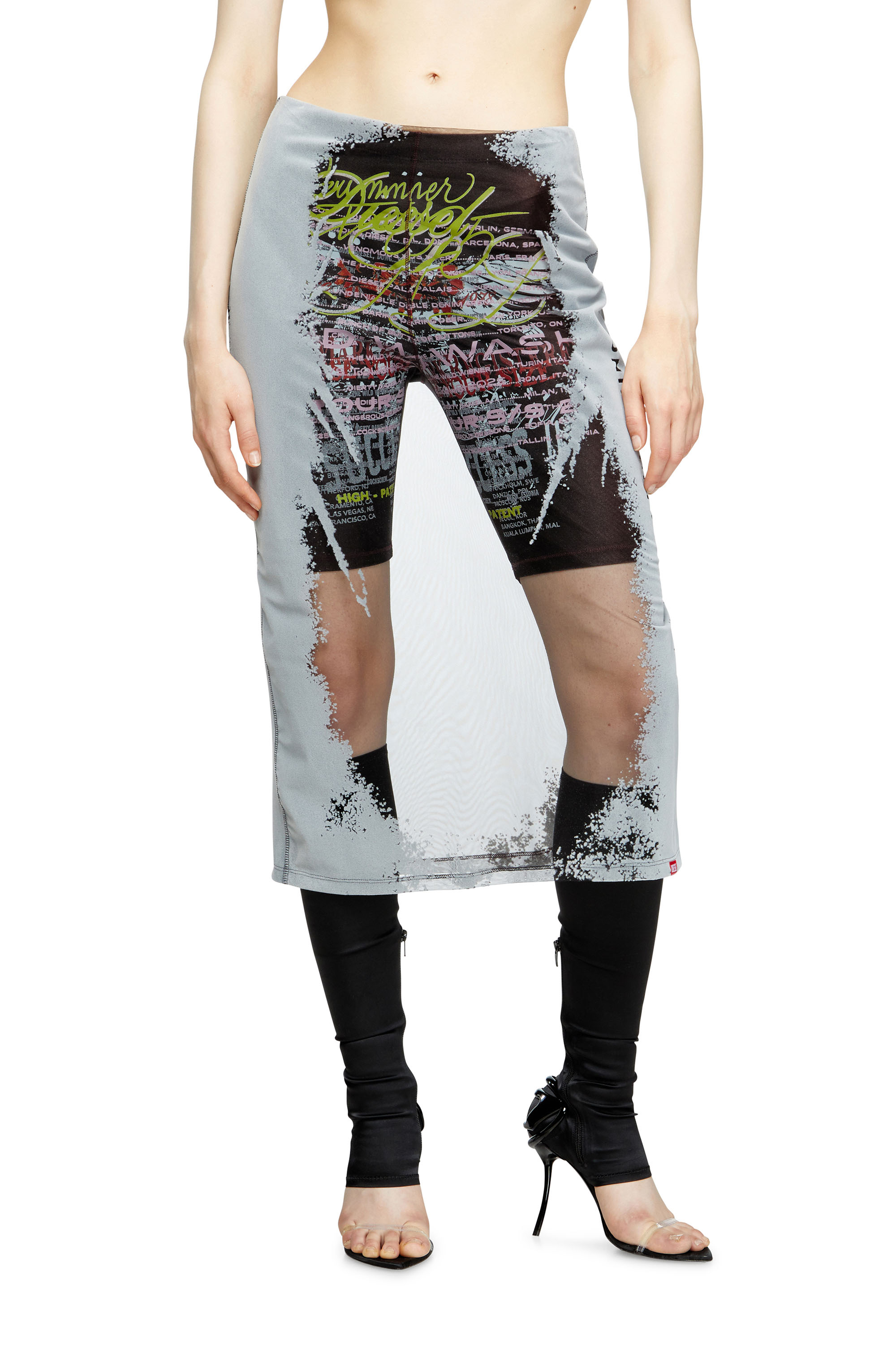 Diesel - O-LYAC, Woman's Layered midi skirt with lyrics print in Black/Grey - 3
