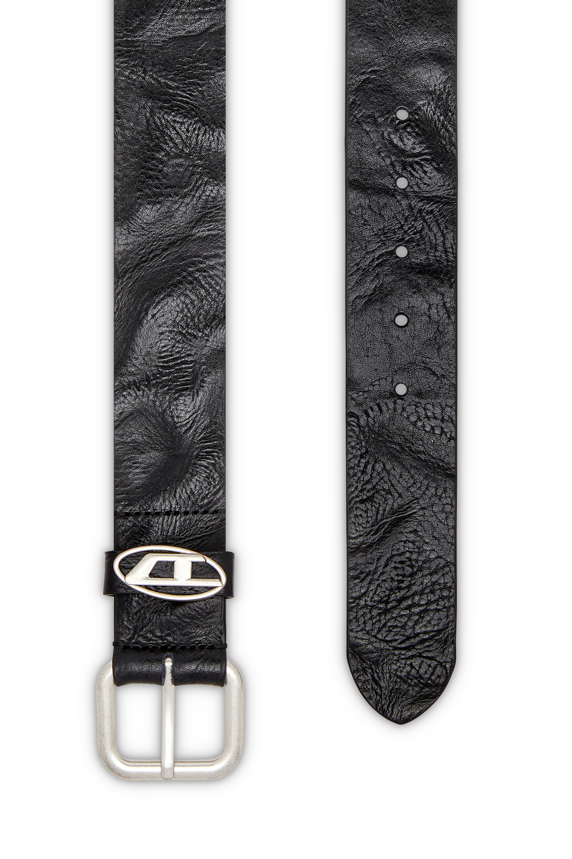 Diesel - B-1DR OVAL D LOOP, Unisex's 3.9cm logo-plaque wrinkled leather belt in Black - 2