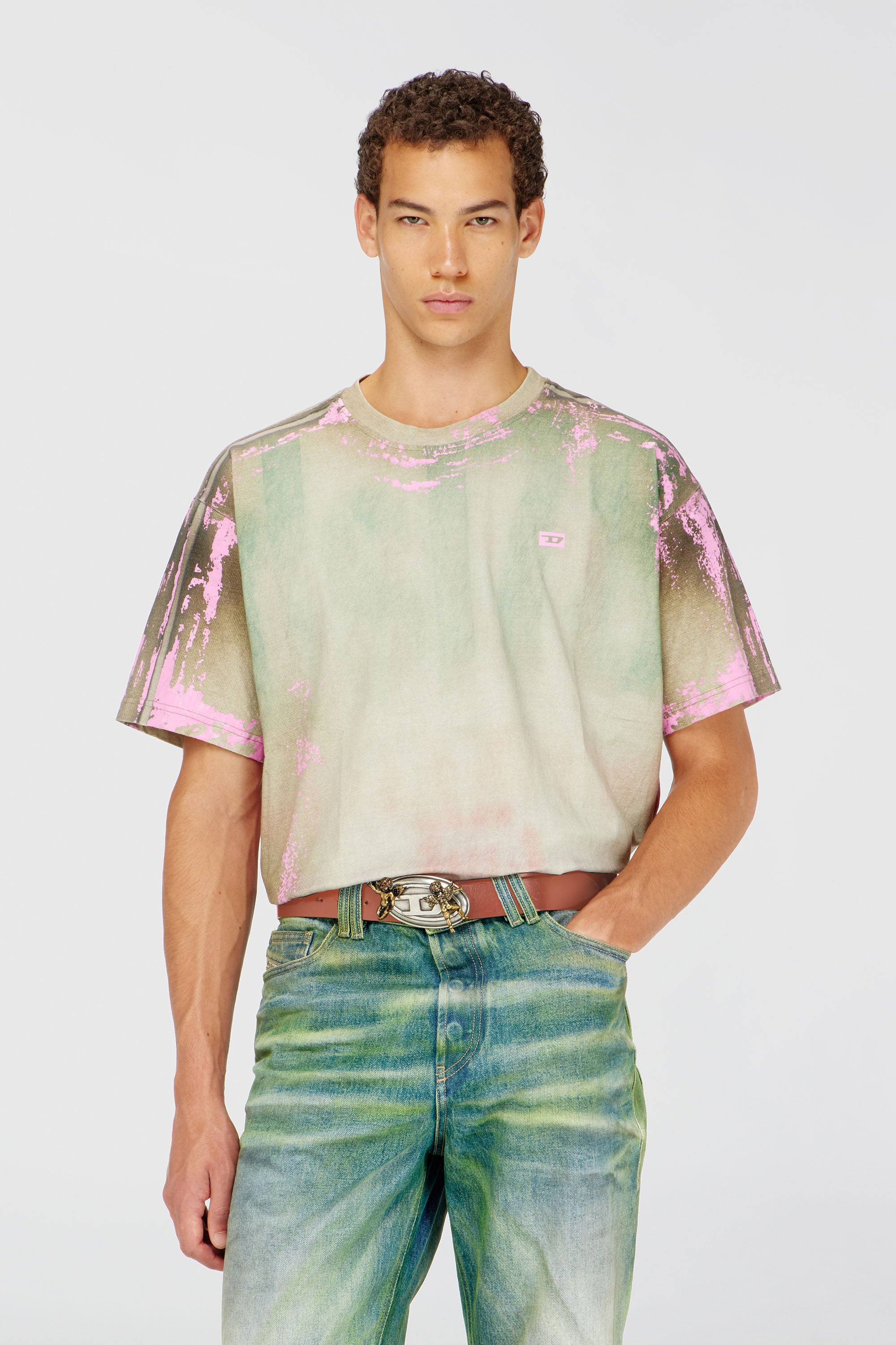 Diesel - T-FILMY-SHO, Man's T-shirt in cracked leather-effect jersey in Pink/Green - 1