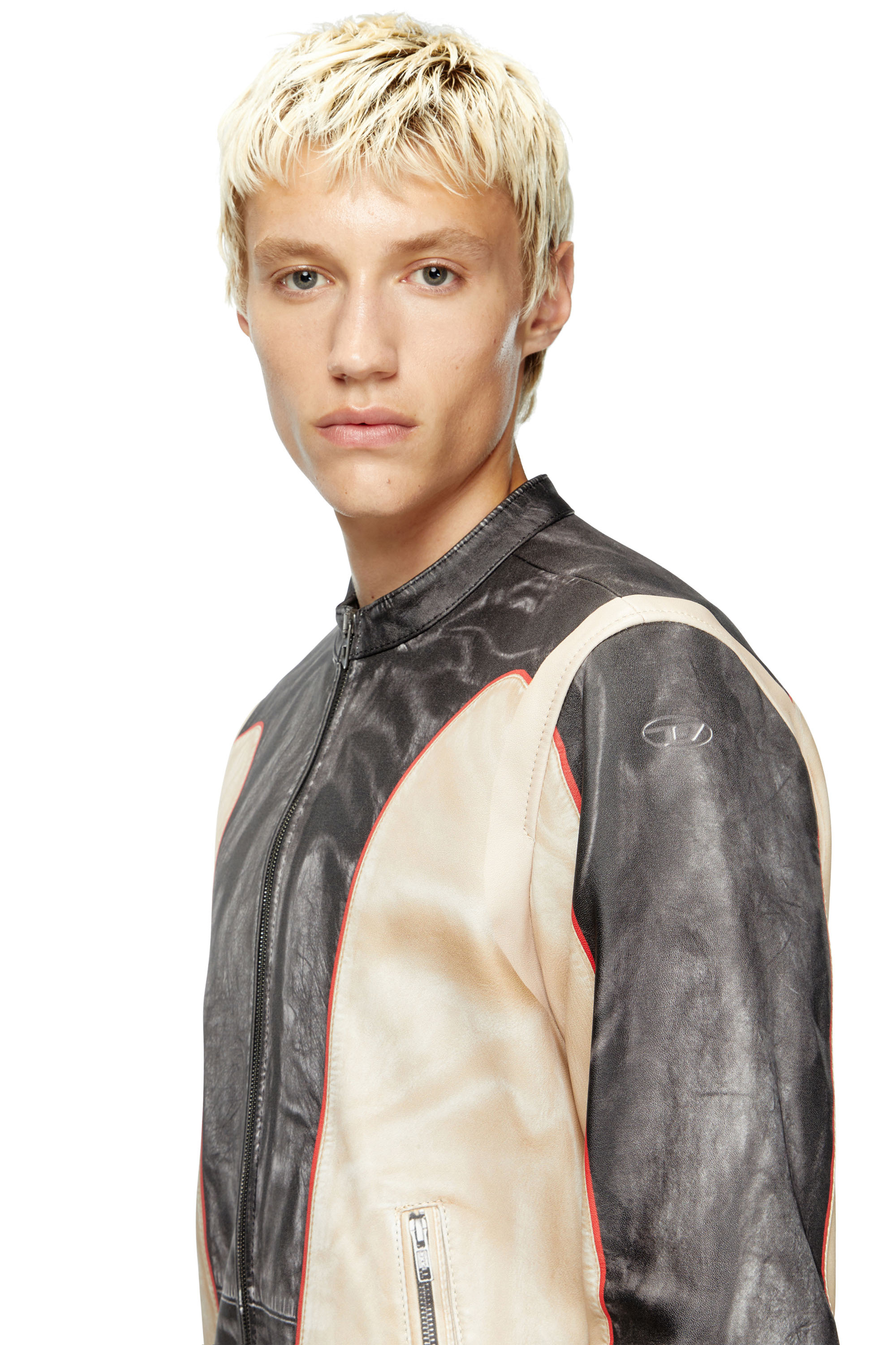 Diesel - L-EVERT, Man's Trompe l'oeil-effect leather biker jacket in Beige/Black - 5