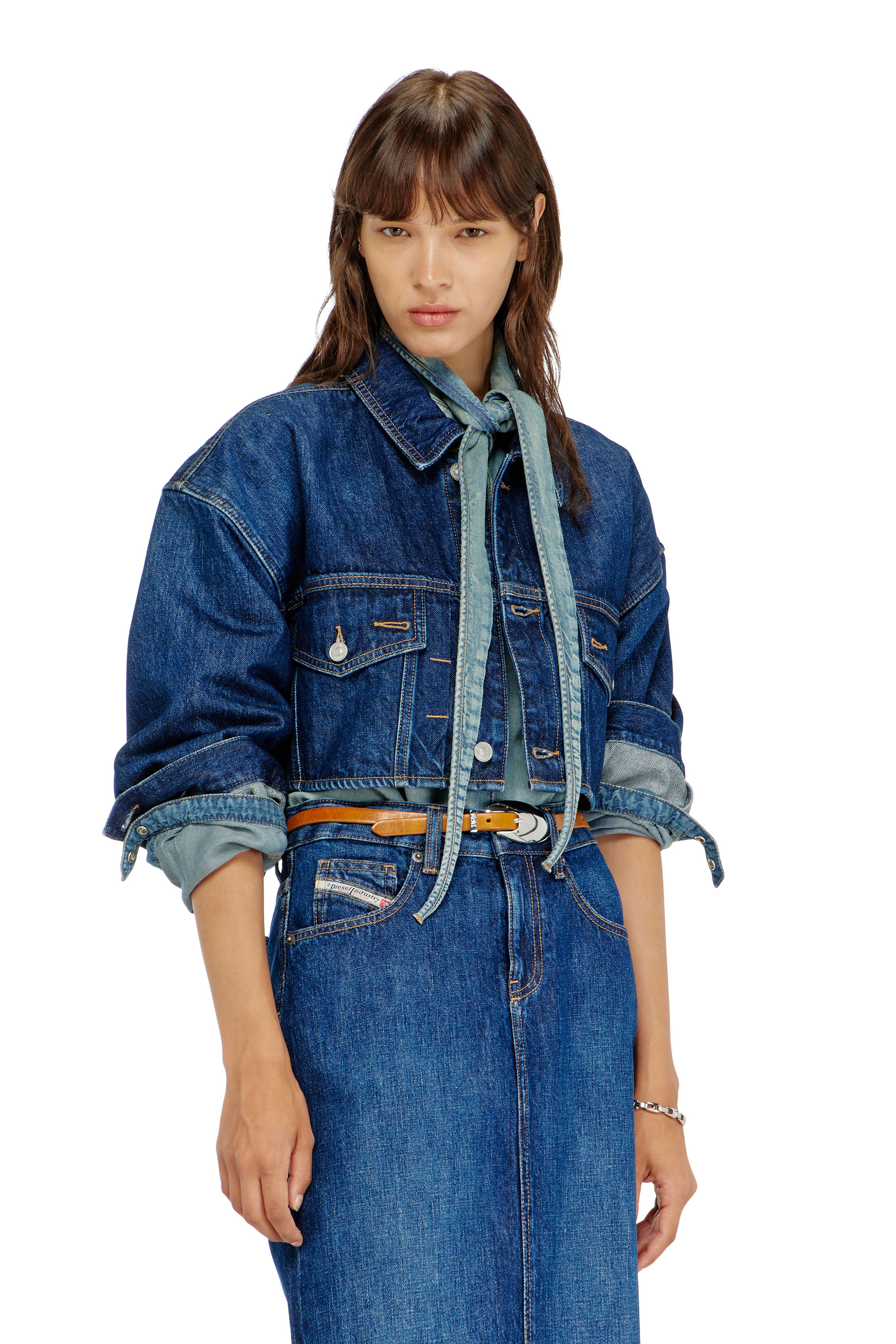 Diesel - DE-MALLEY, Woman's Cropped oversized denim trucker jacket in Medium blue - 1