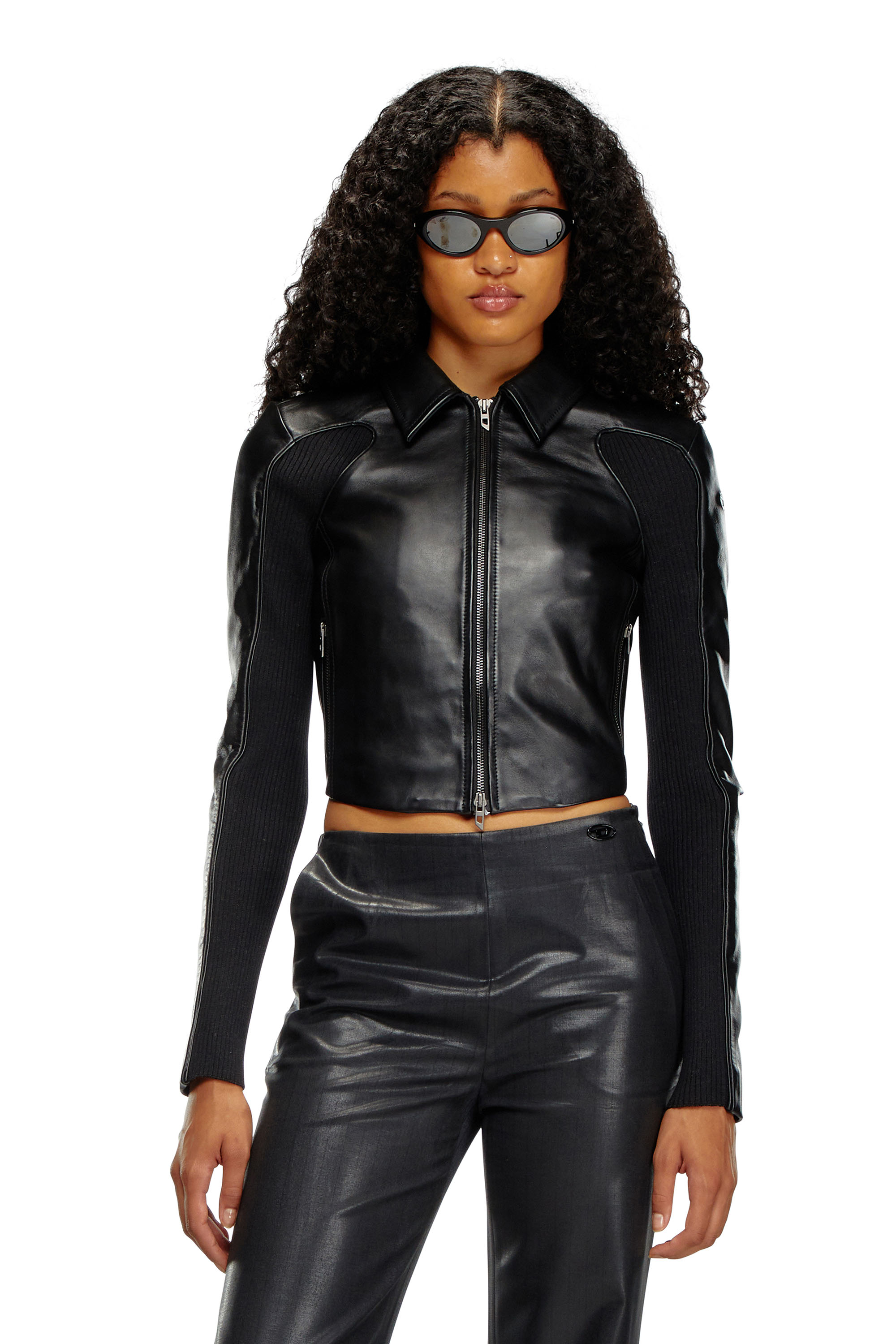 Diesel - L-TOTEM-P1, Woman's Cropped leather jacket with knit inserts in Black - 3
