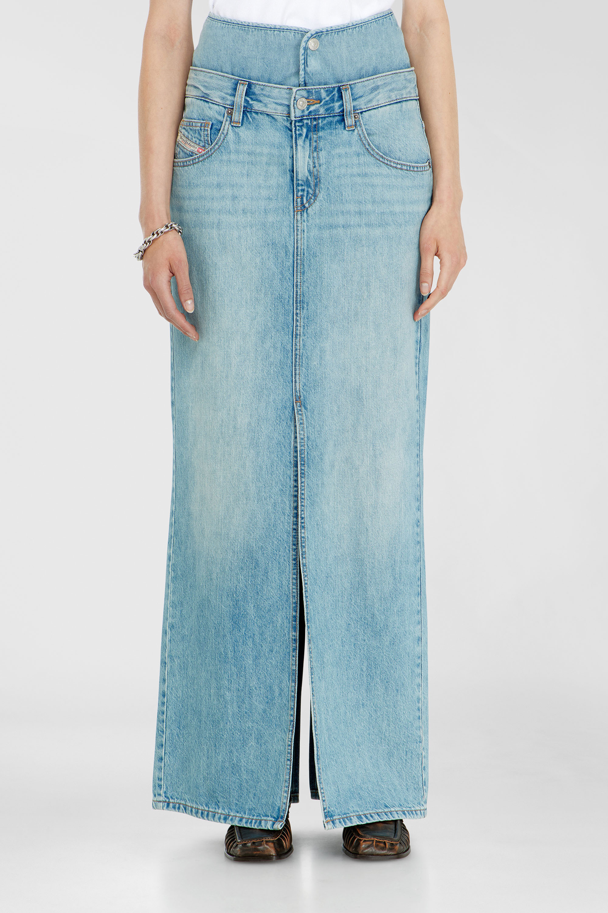 Diesel - DE-SPIVEY, Woman's Jean-illusion denim maxi skirt with slits in Light Blue - 1