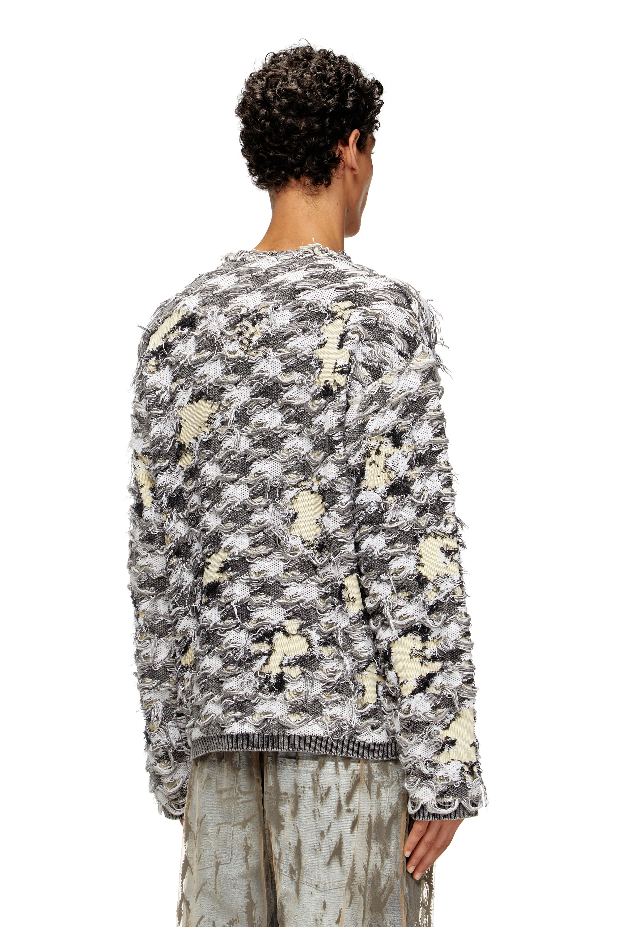 Diesel - K-VALBOR, Man's Cardigan in devoré houndstooth jacquard in Beige/Grey - 4