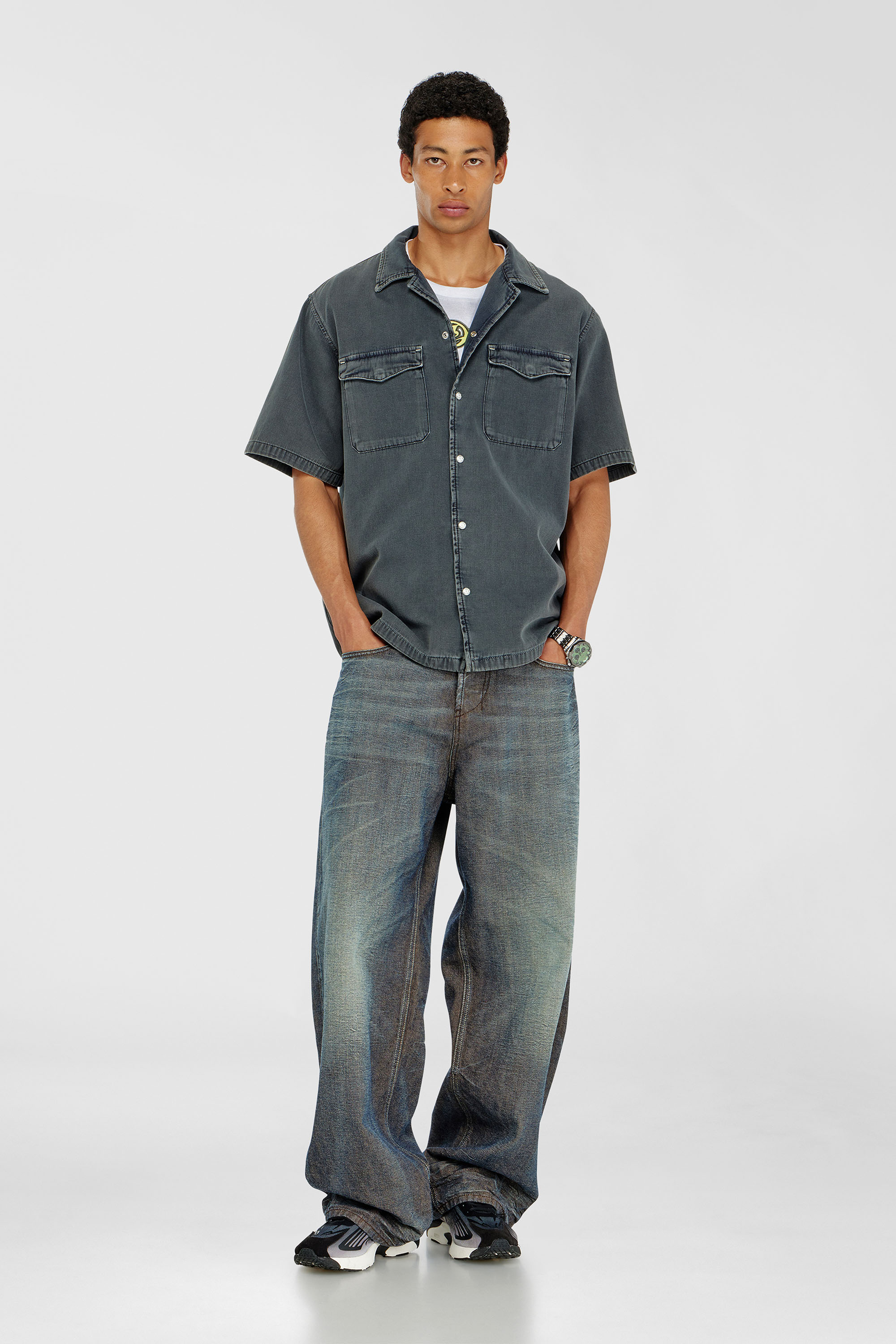Diesel - D-NABIL-P, Man's Bowling shirt in coloured denim in Dark grey - 2