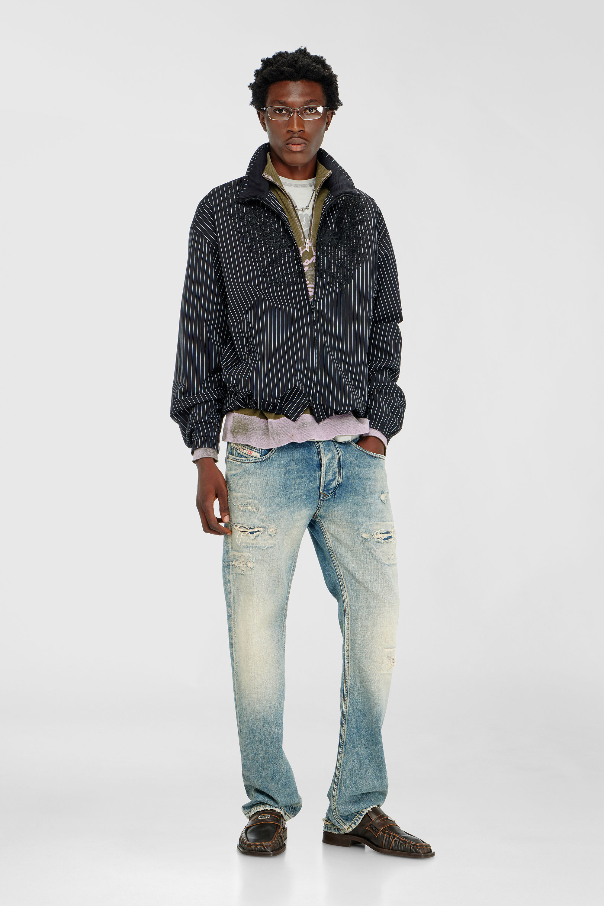 Diesel - J-CORSAR-NJCA, Man's Nylon pinstripe Jacket with Phoenix embroidery in Black - 2