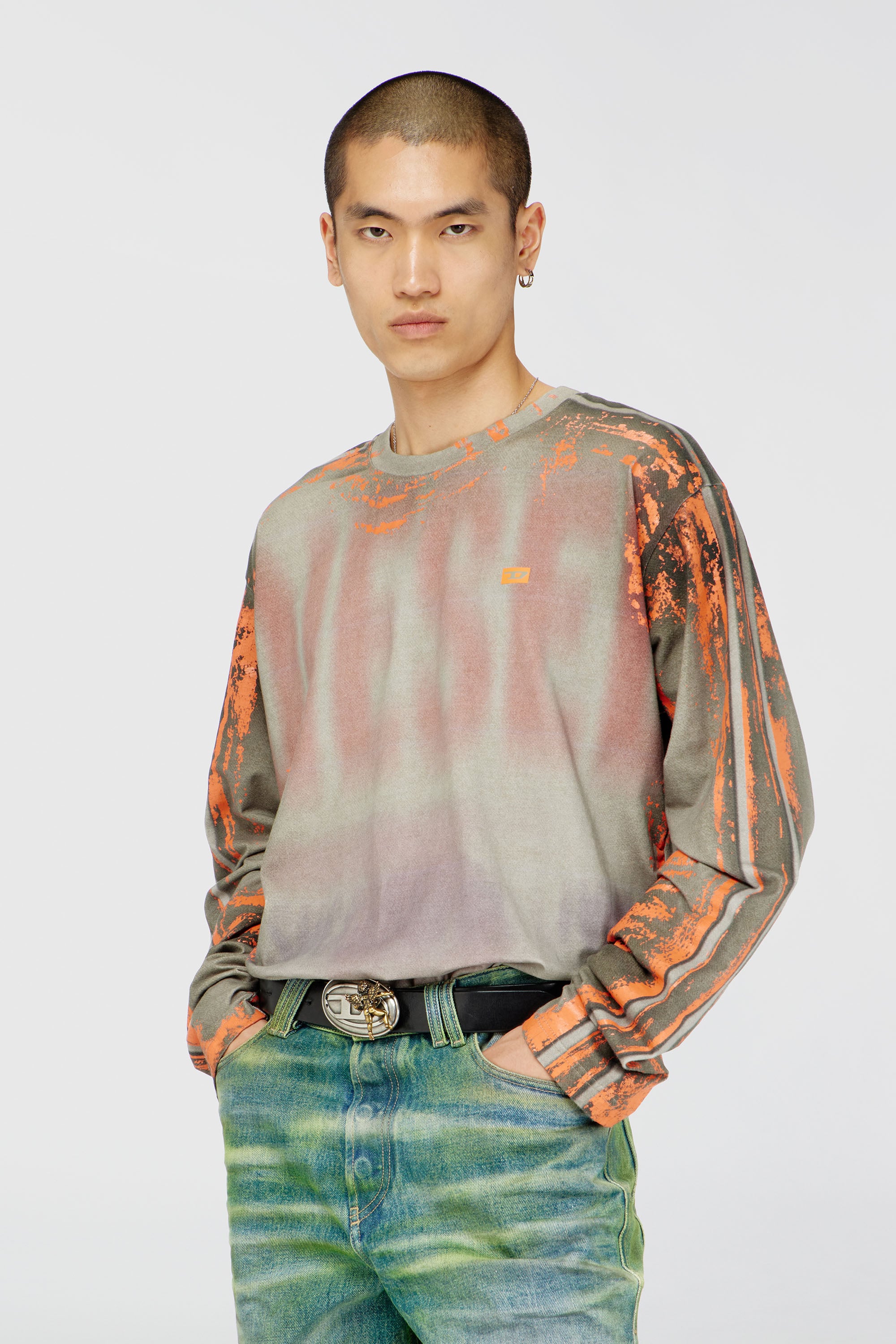 Diesel - T-FILMY, Man's Long-sleeve T-shirt in cracked jersey in Grey/Orange - 1