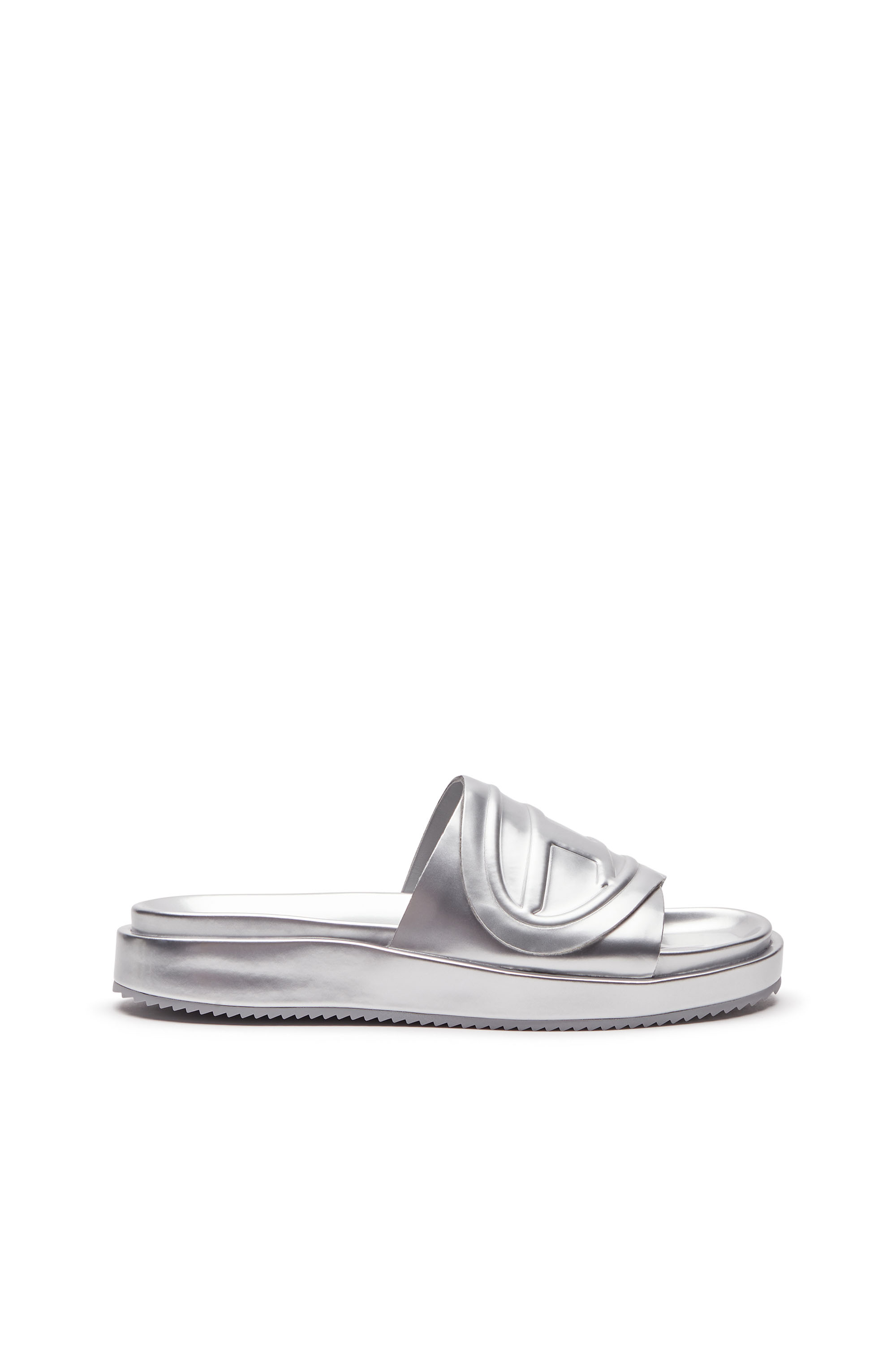 Diesel - SA-SLIDE D OVAL W, Woman's Sa-Slide D-Metallic slide sandals with Oval D strap in Silver - 1