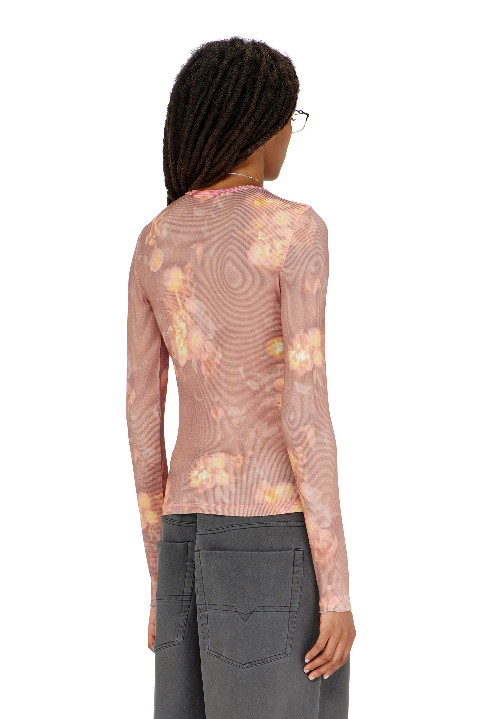 Diesel - T-MOKY-LS, Woman's Top in floral-print ribbed jersey in Pink - 4
