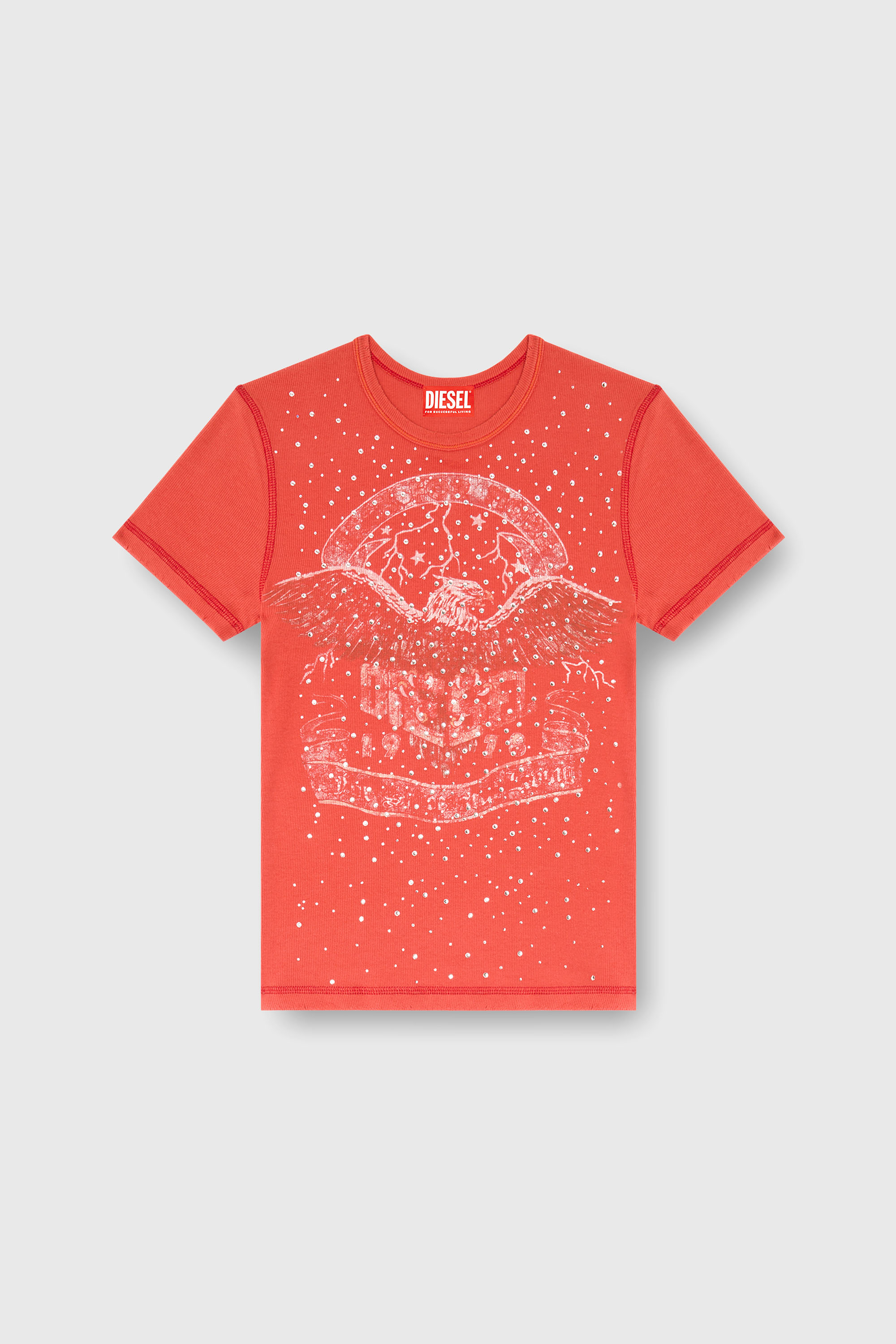Diesel - T-MARSY-RIB-CRY, Woman's T-shirt with concert graphics and crystals in Red - 2