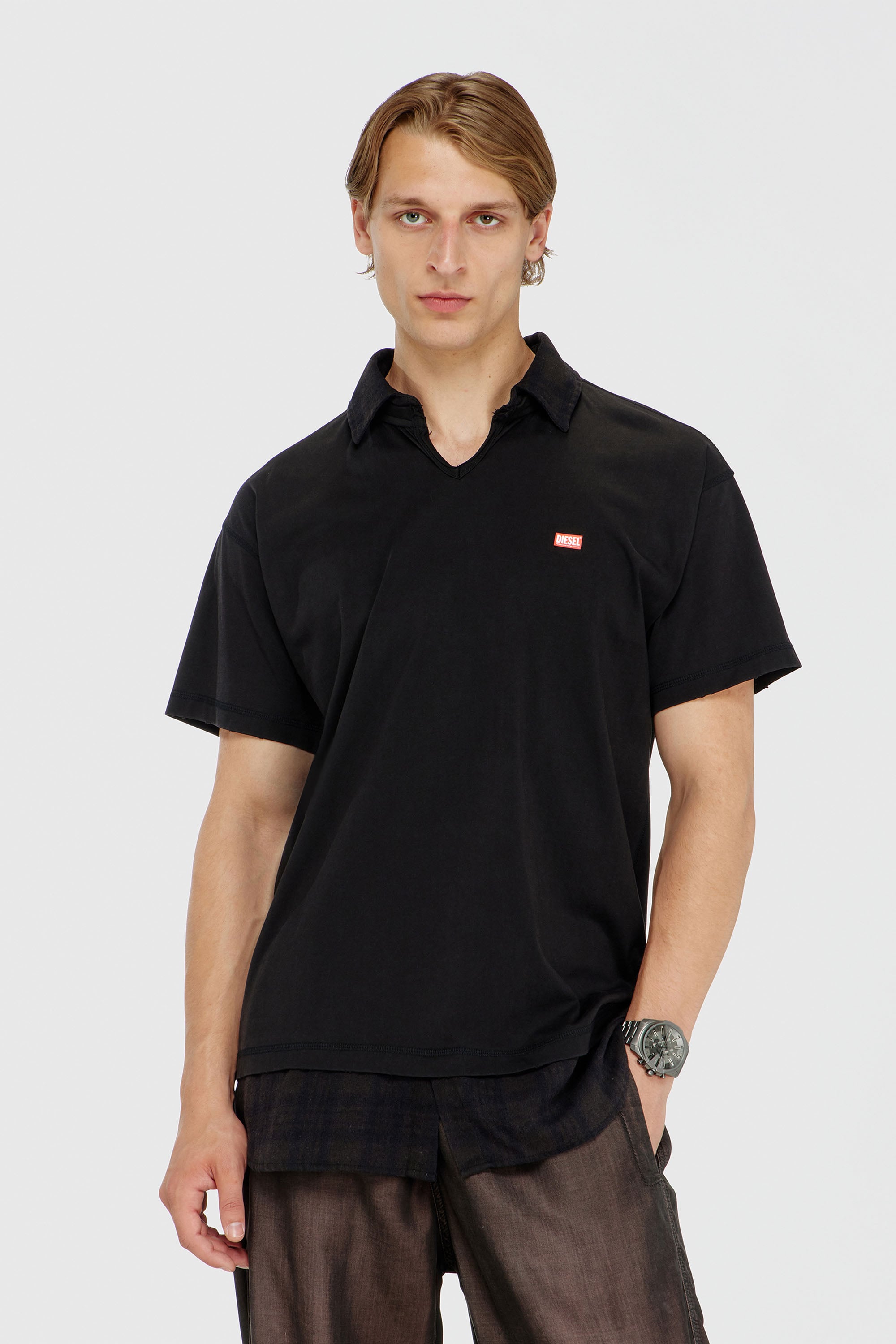 Diesel - T-ANSEL, Man's Jersey polo shirt with check flannel trims in Black - 1