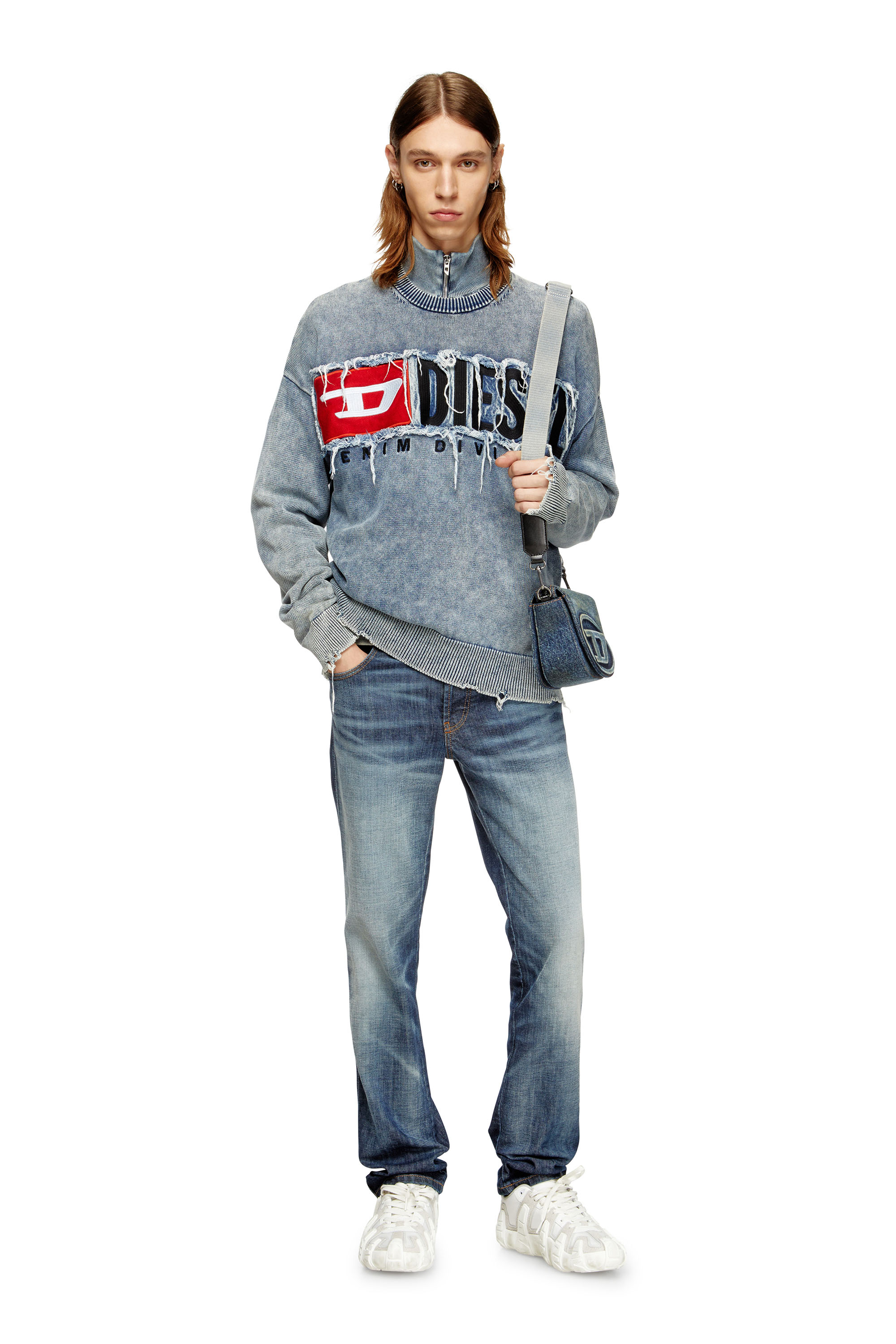 Diesel - K-FRONZI, Man's Cotton jumper with denim logo patch in Blue - 1