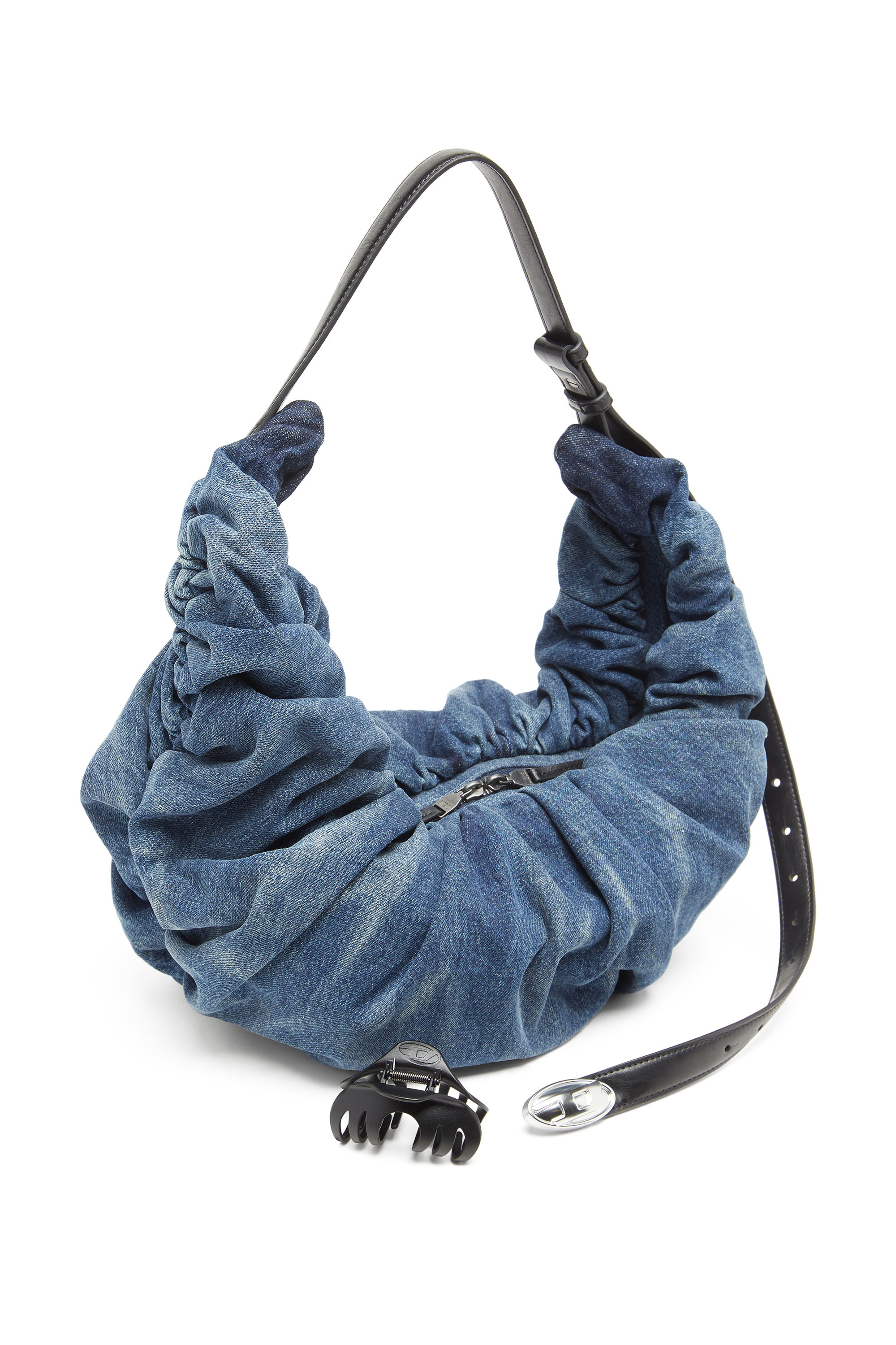 Diesel - GRAB-D HOBO L, Woman's Grab-D-Large scrunched hobo bag in treated denim in Medium blue - 5
