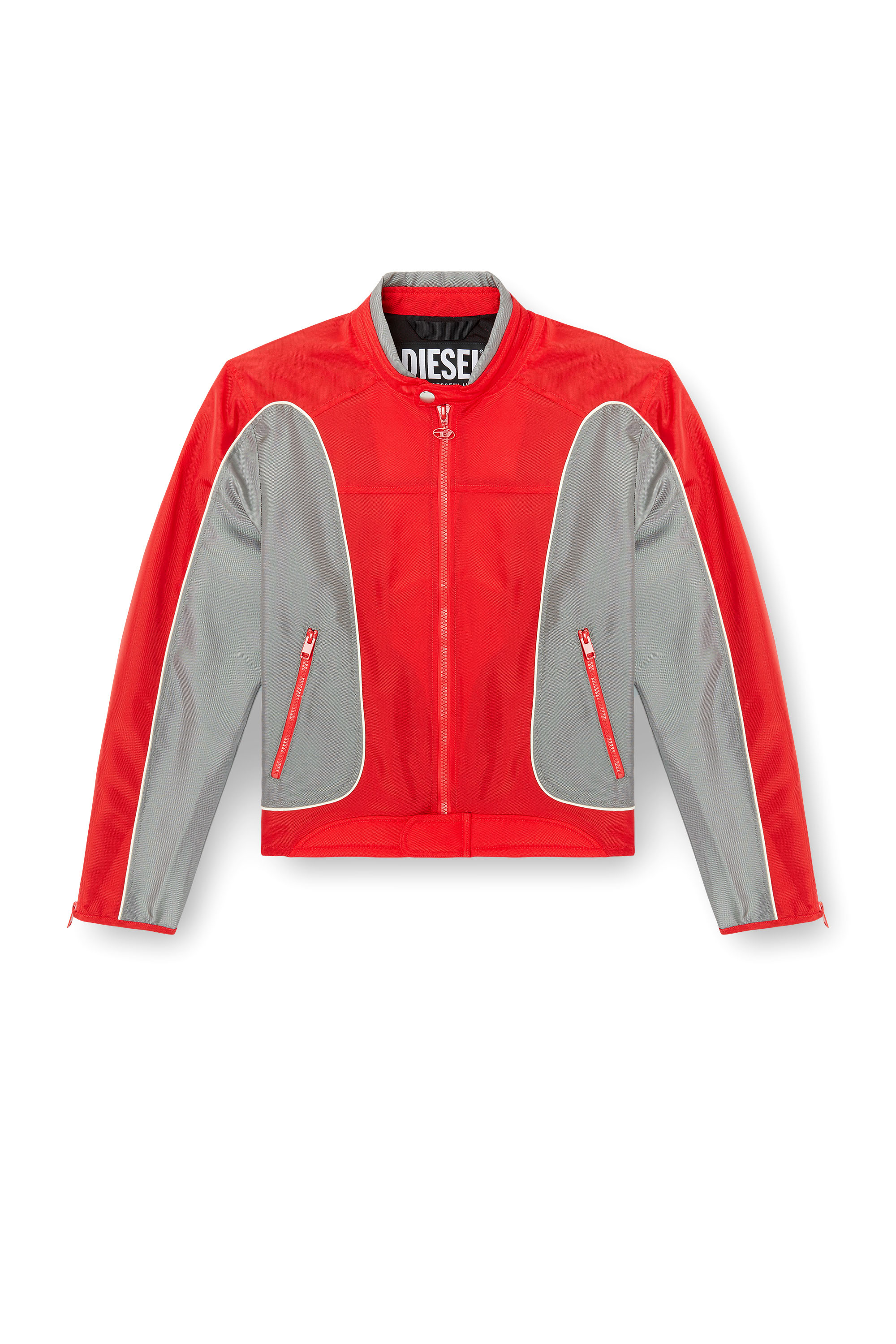 Diesel - J-BLINK-A, Man's Colour-block biker jacket with piping in Red/Grey - 2