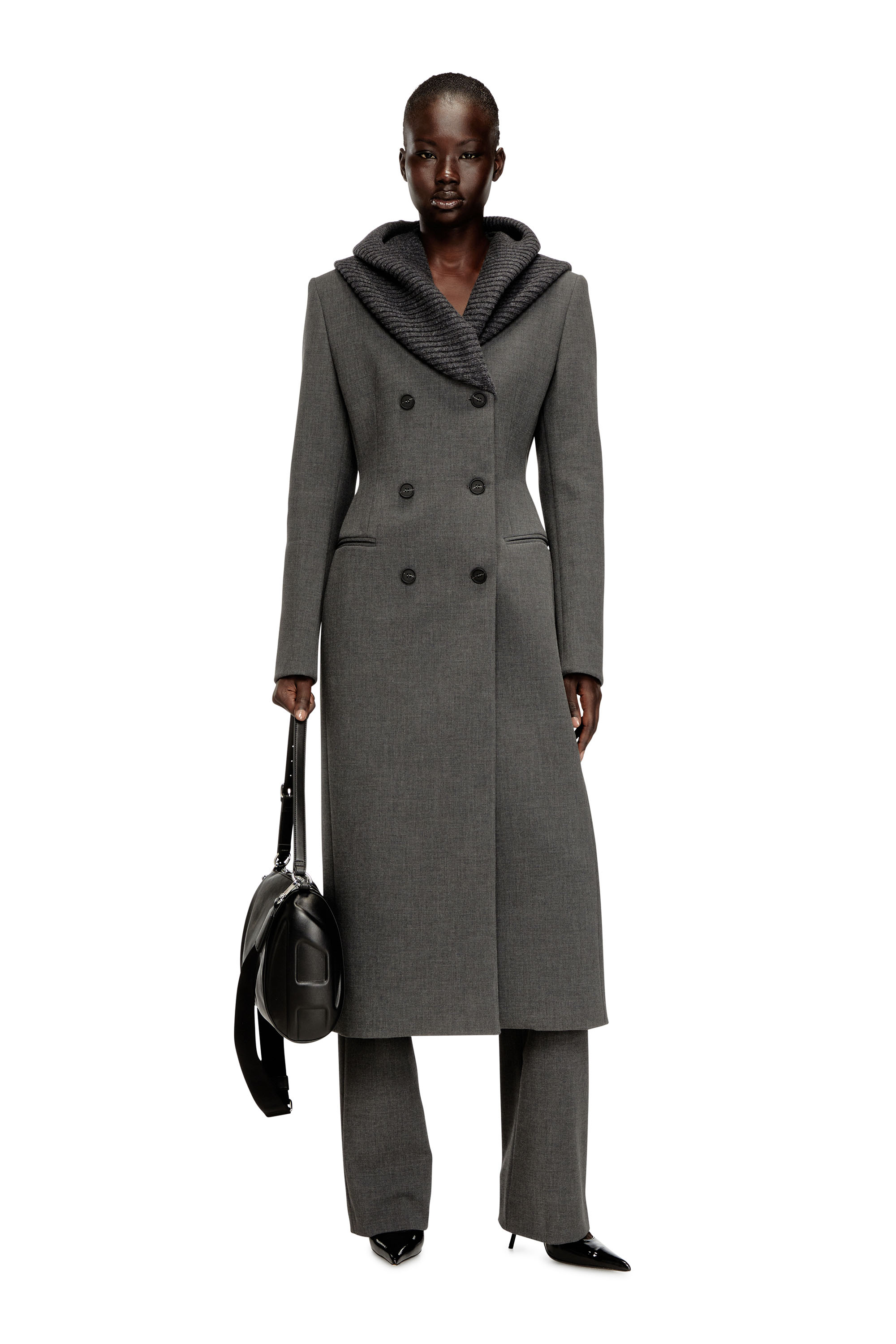 Diesel - G-OLDEN-LONG, Woman's Long hourglass coat with knitted cowl hood in Grey - 1