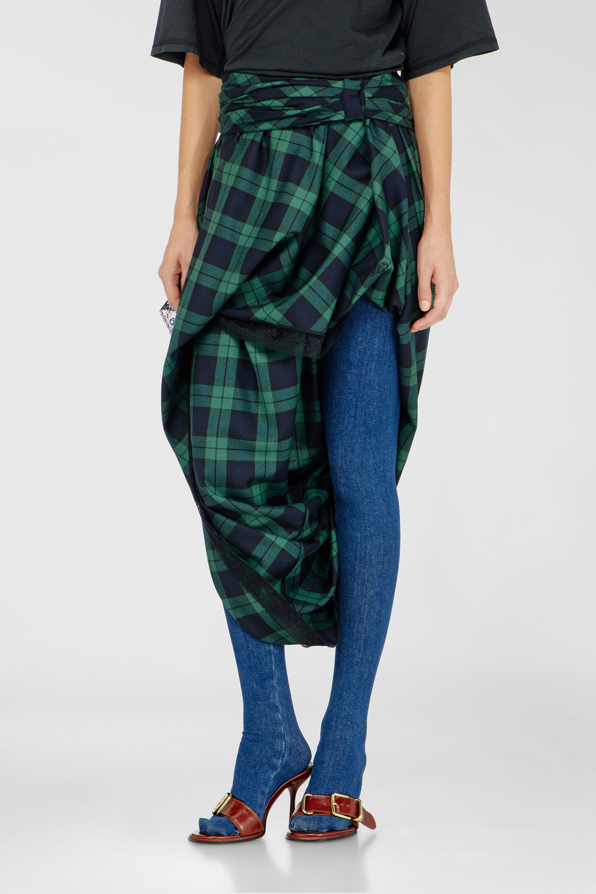 Diesel - O-WINNY, Woman's Draped tartan midi skirt with lace trim in Green/Blue - 1