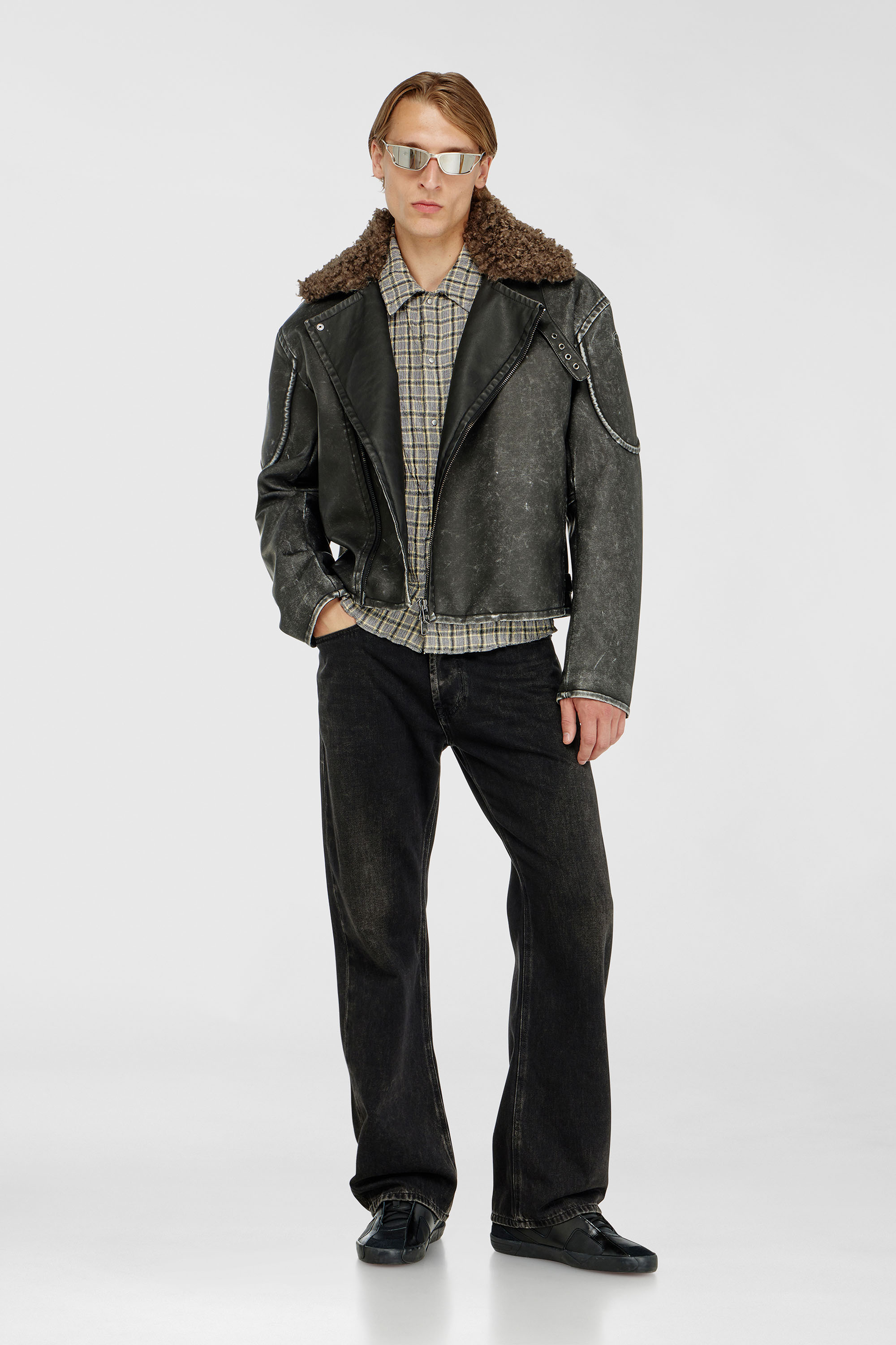 Diesel - W-ALEX, Man's Biker jacket with detachable collar in Dark grey - 2