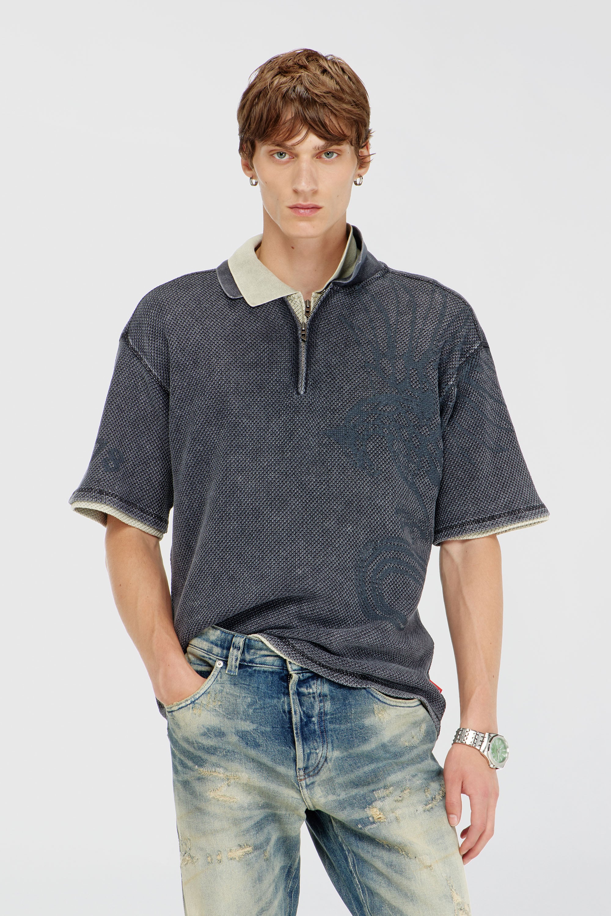 Diesel - T-ERRY-ZIP, Man's Mesh-jacquard polo shirt with Phoenix print in Dark grey - 1