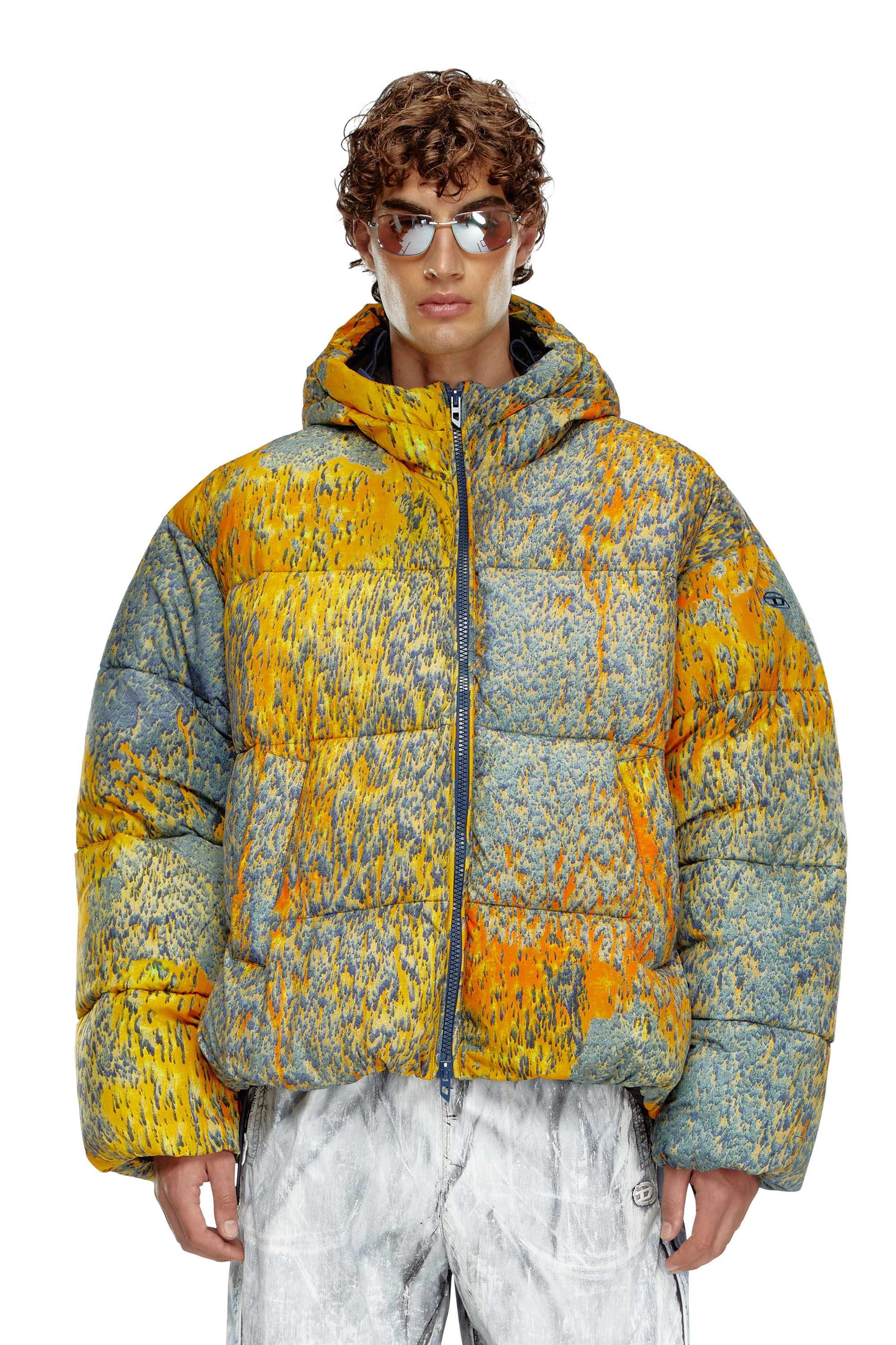 Diesel - W-BOGAERT, Man's Puffer jacket with acid rain effect in Blue/Orange - 1