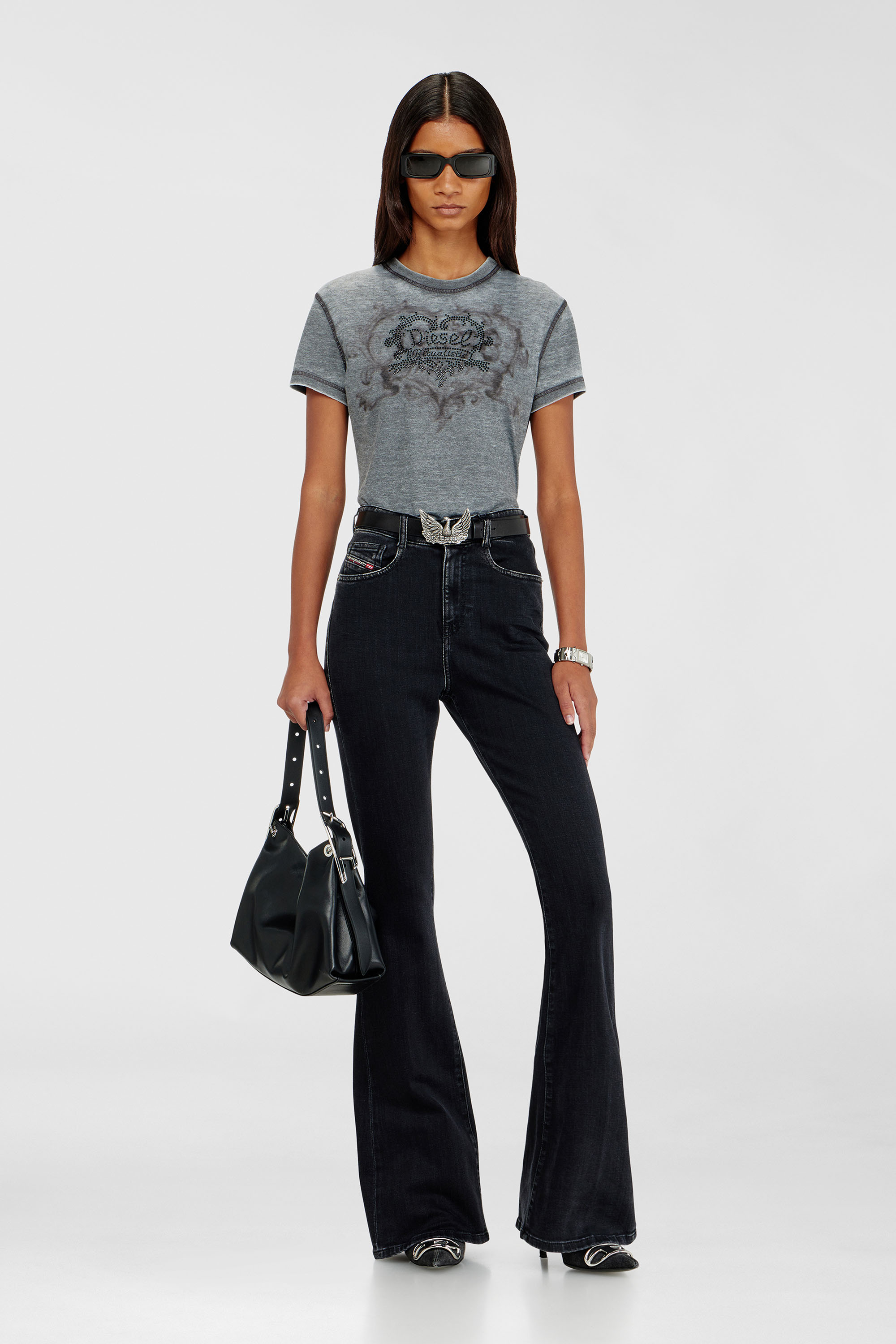 Diesel - T-ILA-AA1, Woman's Jersey t-shirt with rhinestones and burnout effect in Grey - 2