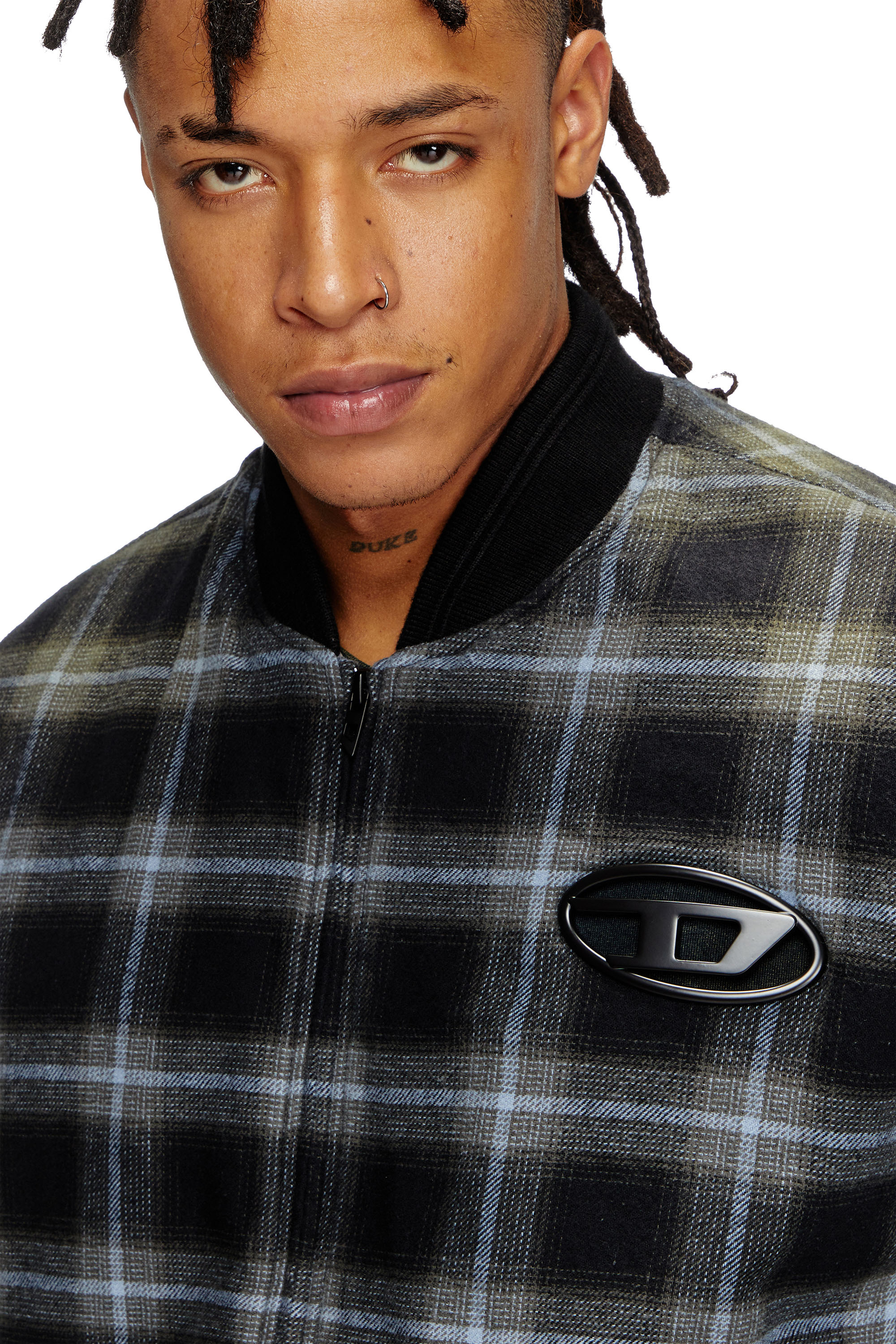 Diesel - J-SAINT, Man's Padded bomber jacket in check flannel in Black/Blue - 5