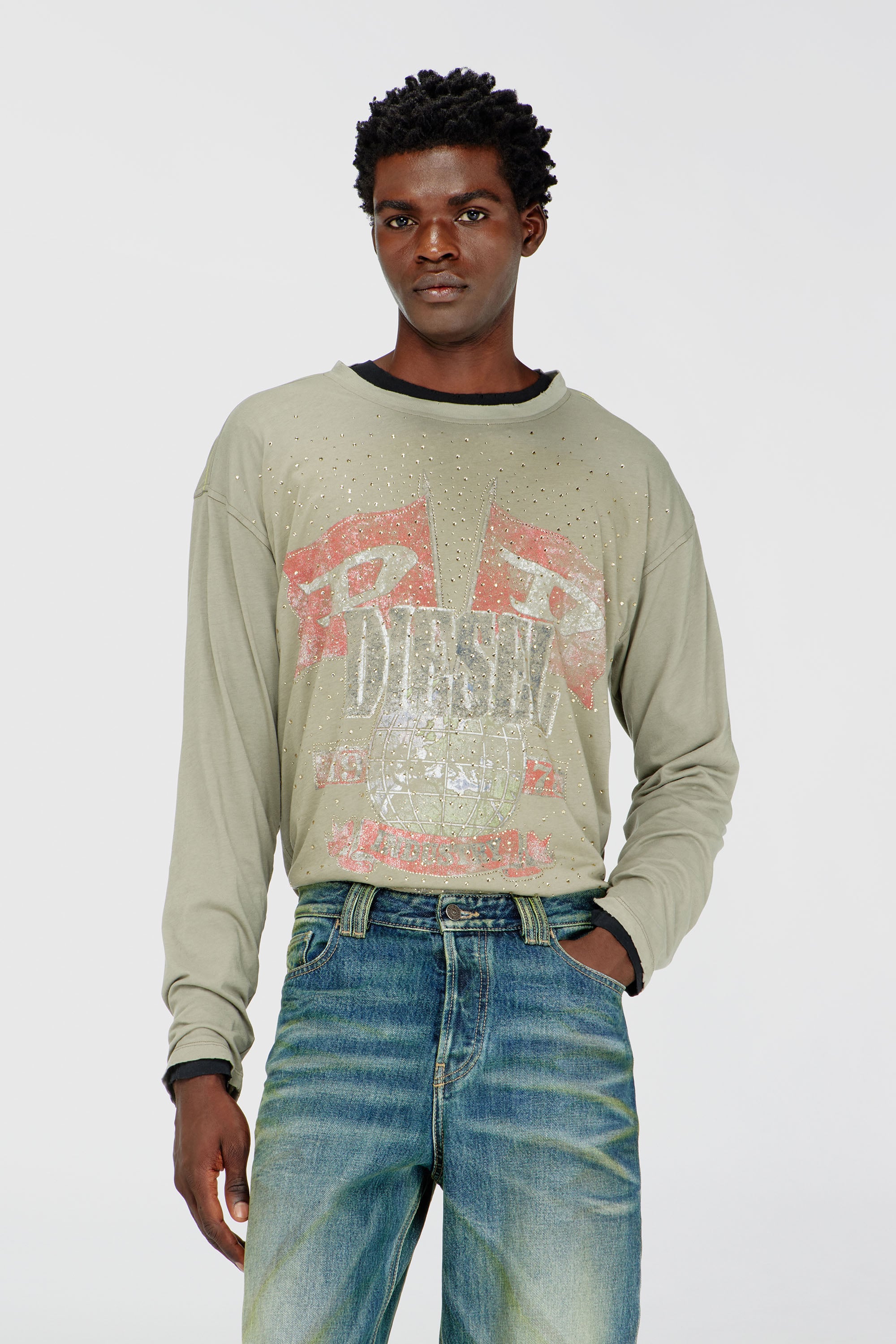 Diesel - T-GERI-LS-A, Man's Long-sleeve T-shirt with concert graphics and crystals in null - 1