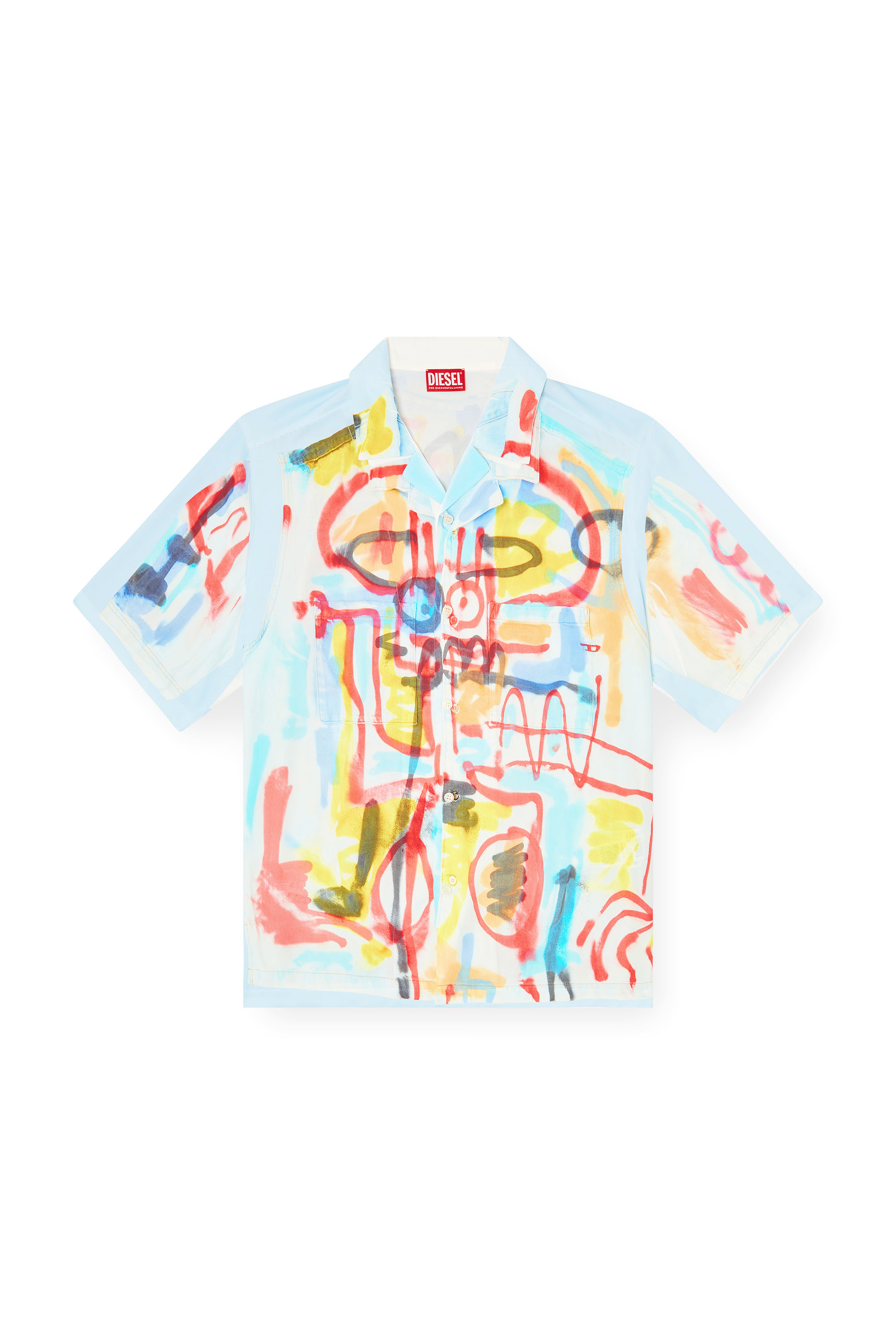 Diesel - C-PAROSHORT-GRAFFITI-AFR, Unisex's Satin bowling shirt with graffiti print in Light Blue - 2
