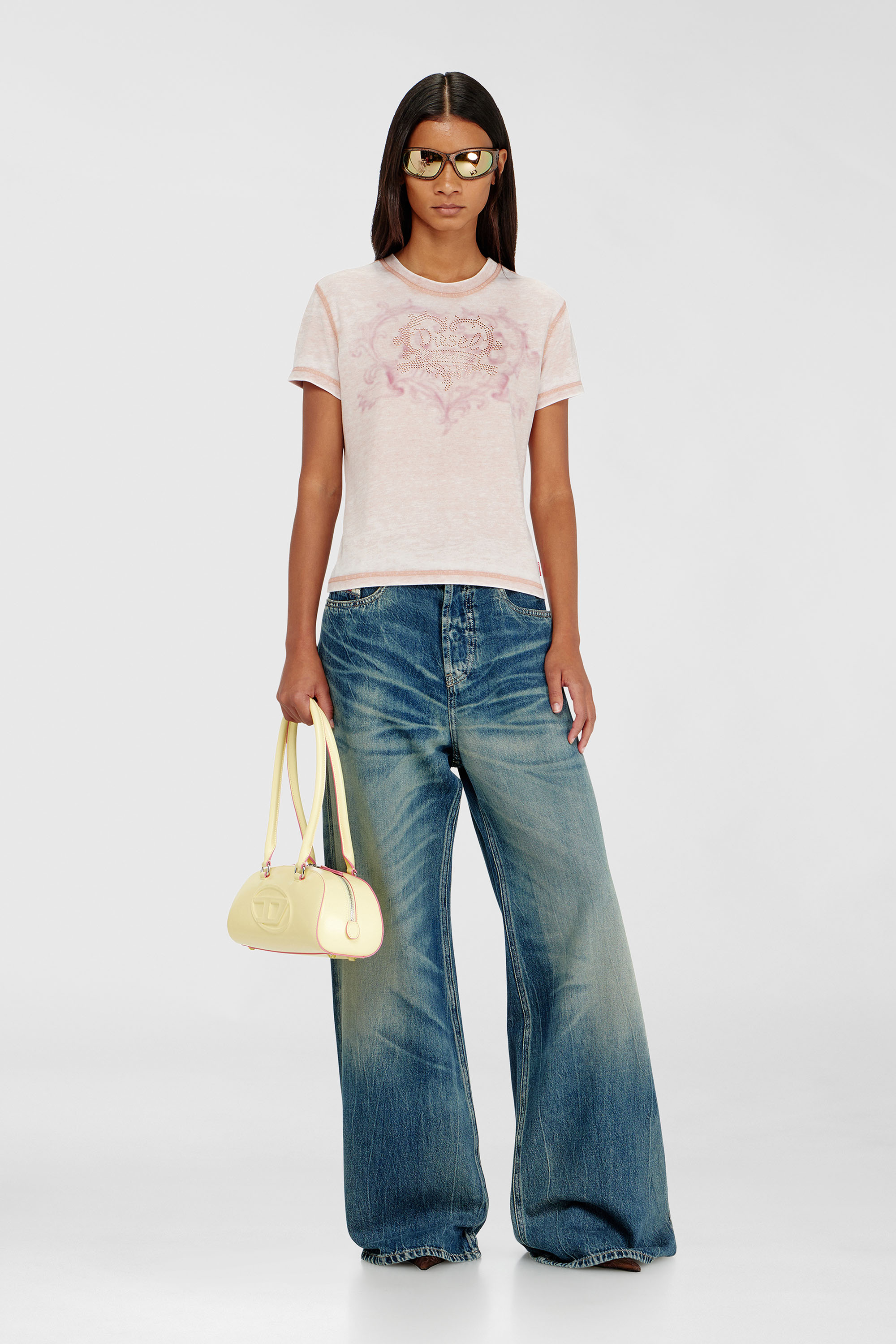Diesel - T-ILA-AA1, Woman's Jersey t-shirt with rhinestones and burnout effect in Face Powder - 2