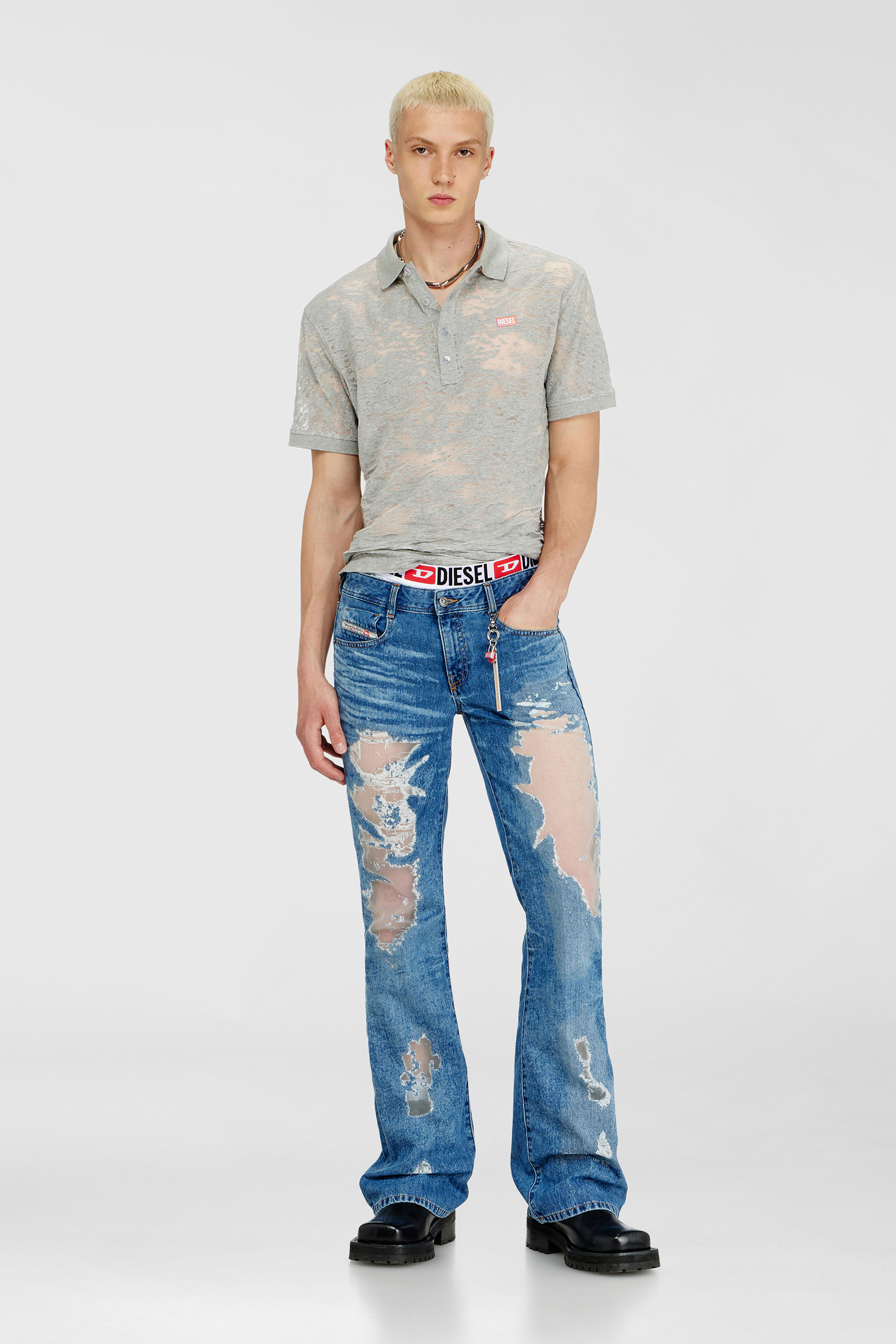 Diesel - PR-T-REJUST, Man's Polo shirt in all-over devor&eacute; jersey in Light Grey - 2