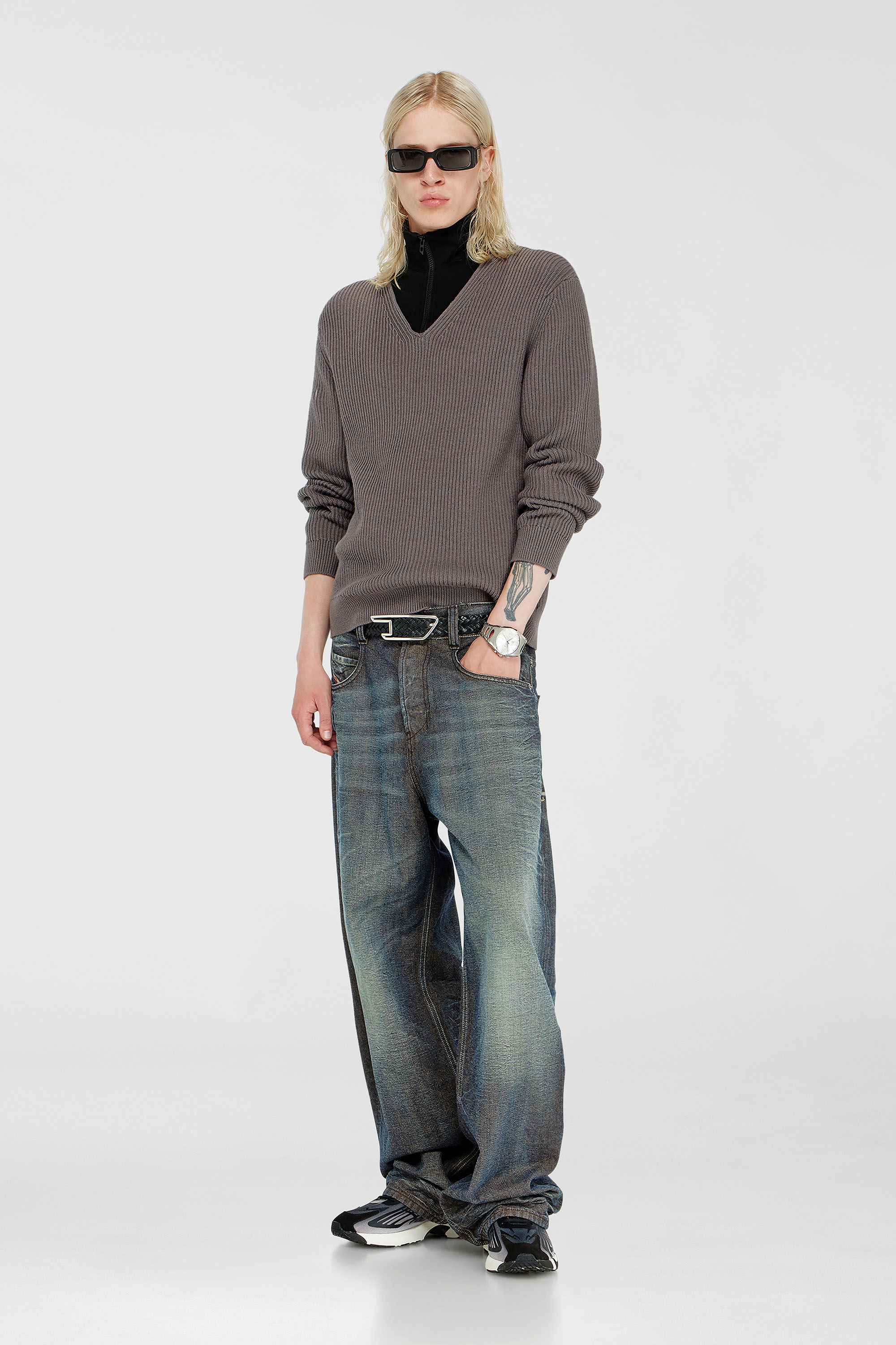 Diesel - K-MAMU, Man's Half-zip sweater with layered neckline in Black/Grey - 2
