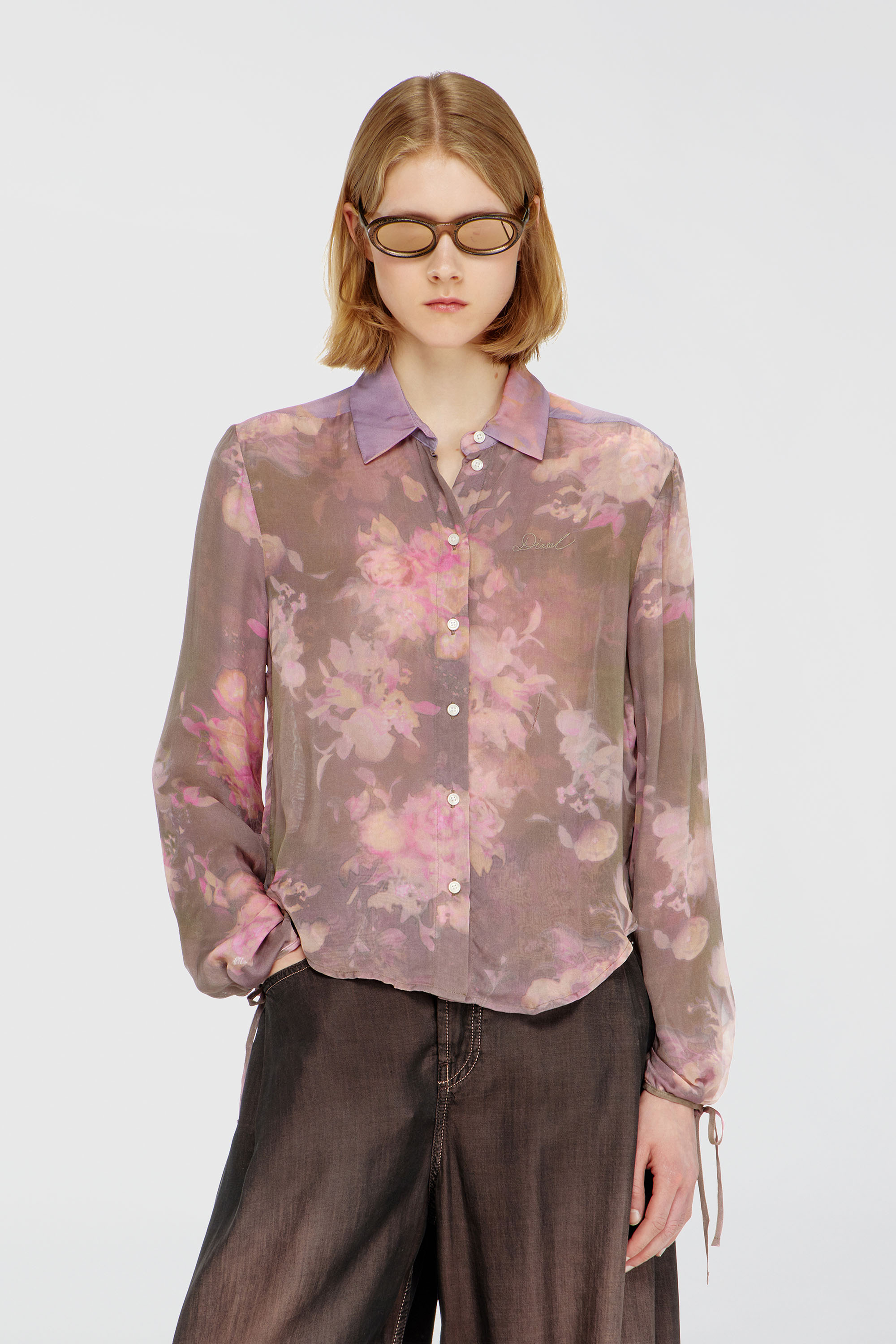 Diesel - C-LEVER, Woman's Chiffon shirt with all-over floral print in Pink/Violet - 1