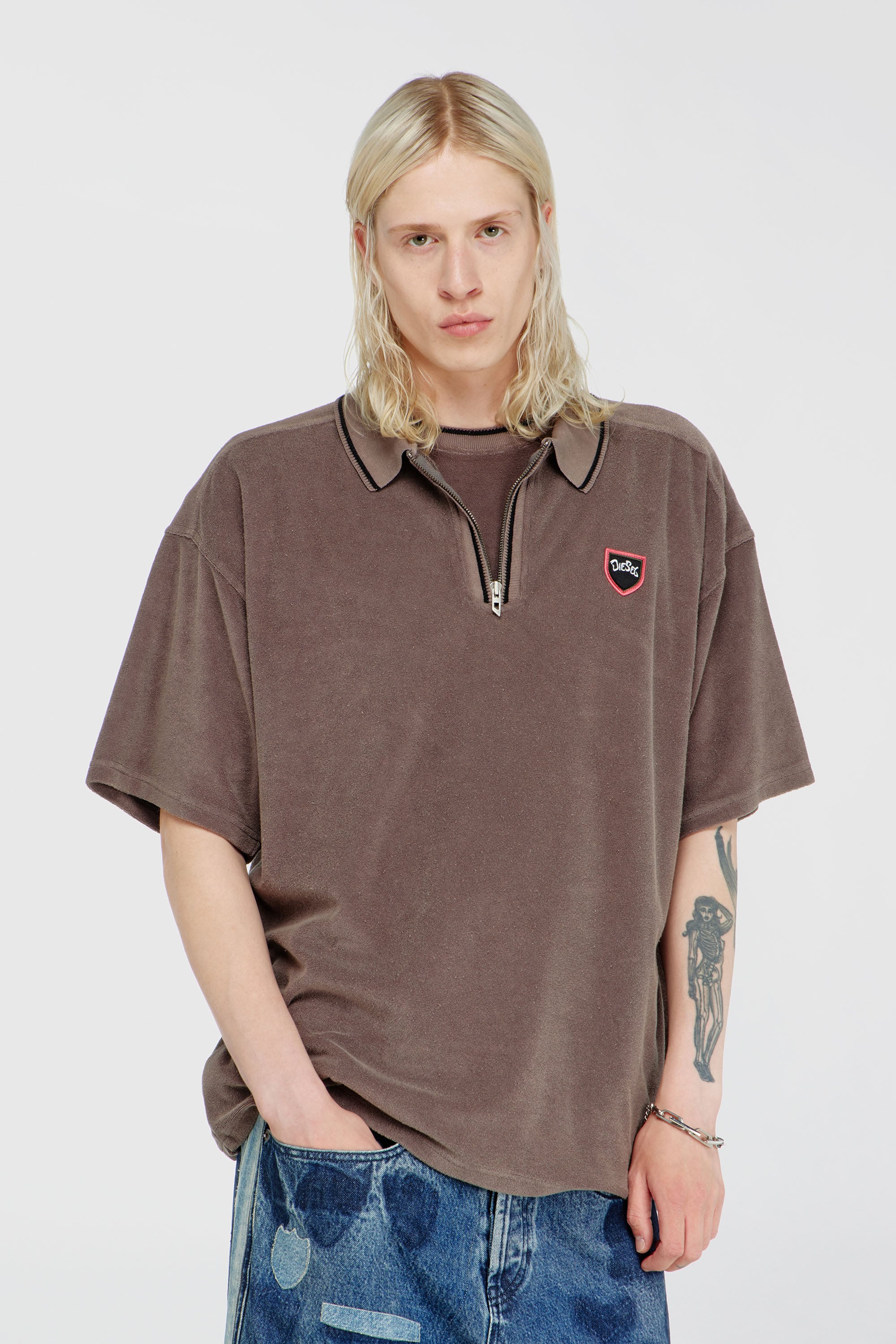 Diesel - T-SPONGY-ZIP, Man's Chenille polo shirt with shield patch in Brown - 1