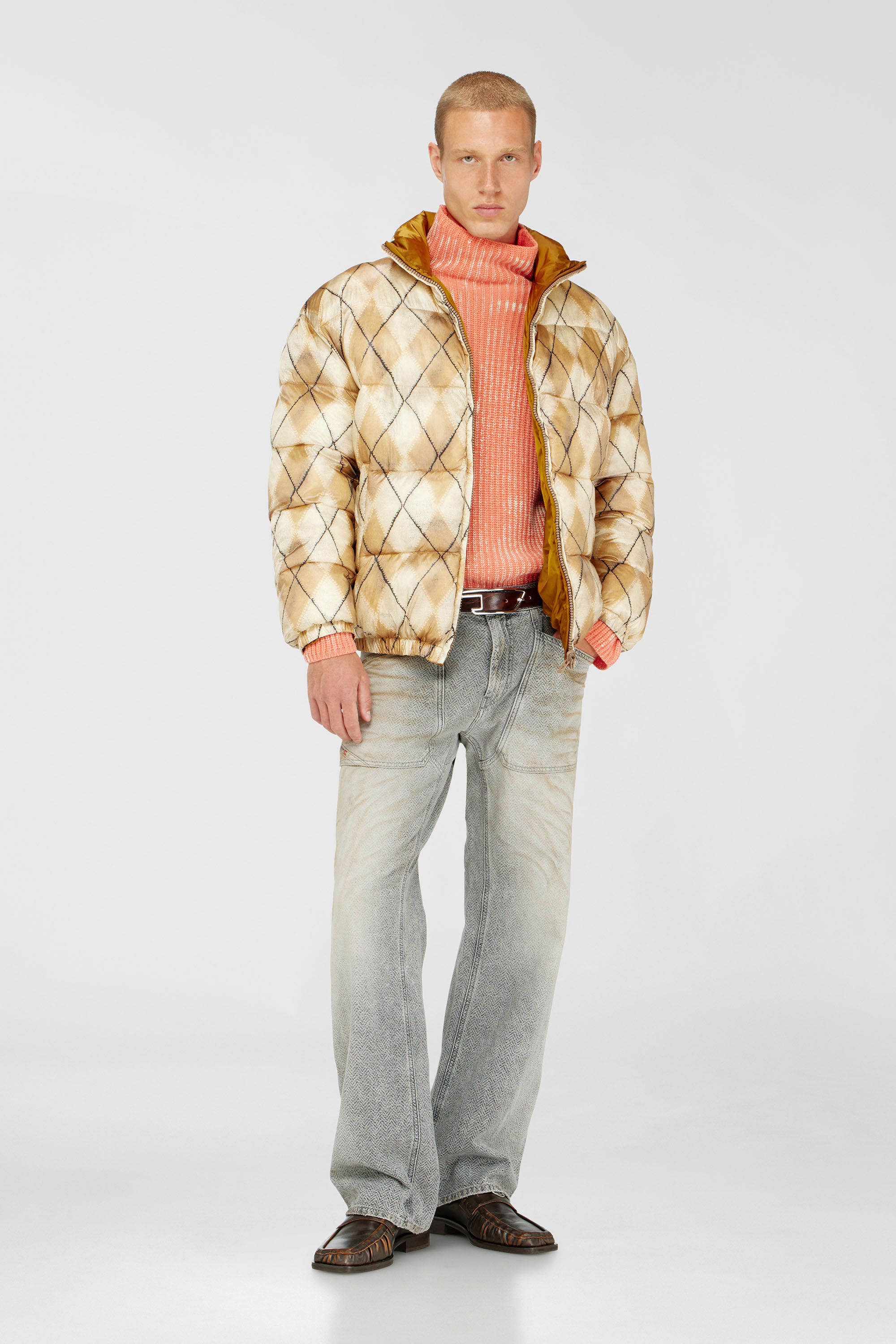 Diesel - W-BOURB-DLCK, Man's Reversible puffer jacket with argyle print in Beige/Brown - 2