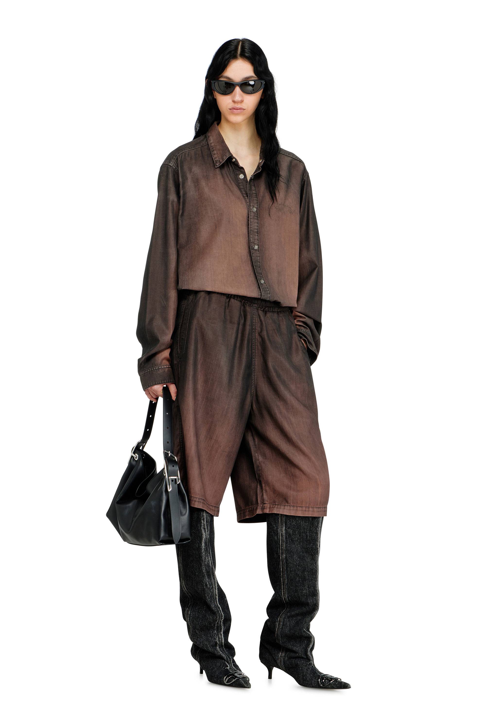 Diesel - D-RODER-SHORT-S, Unisex's Relaxed bermuda shorts in fluid coated denim in Dark Brown - 2