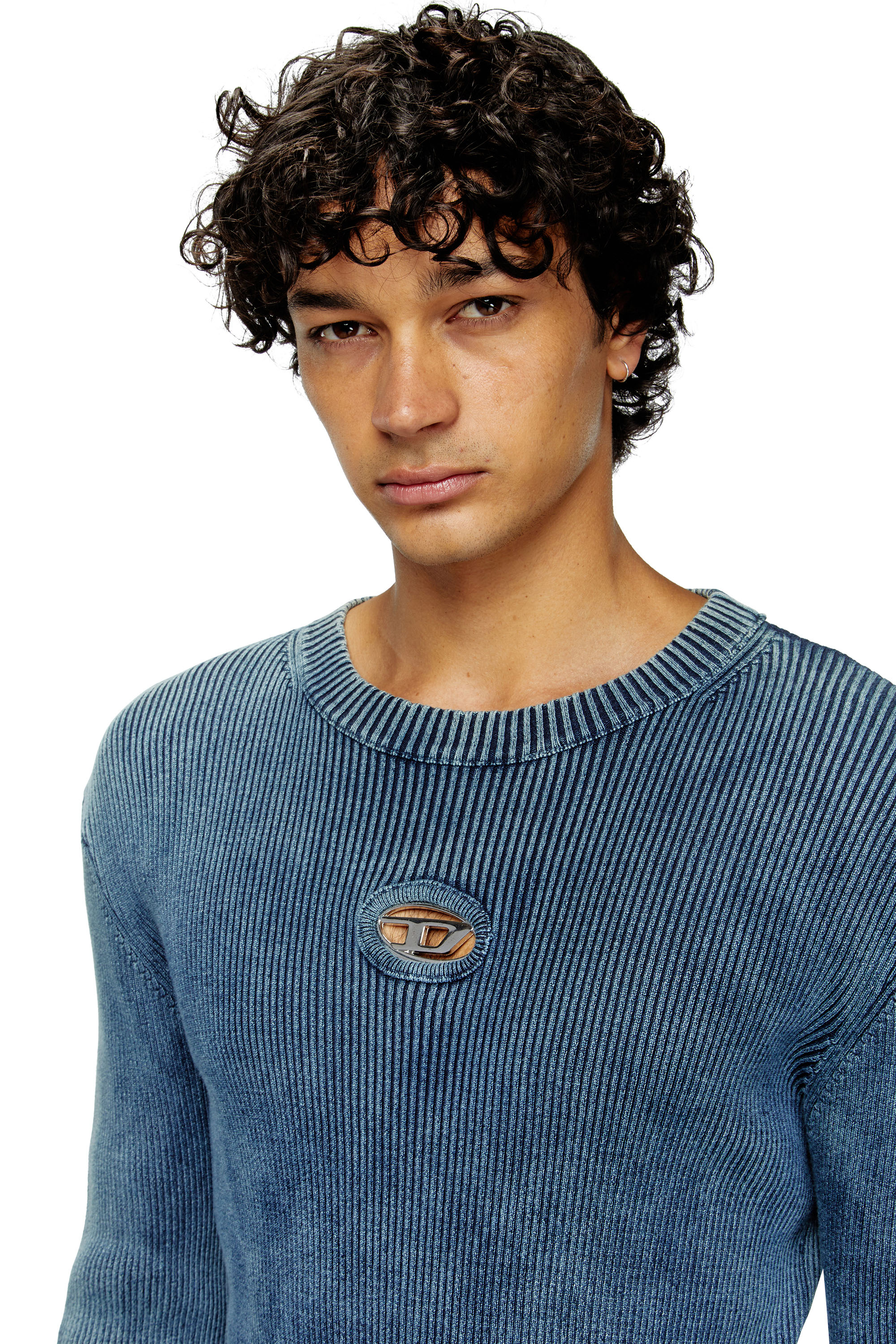 Diesel - K-DARIN-D, Man's Distressed jumper with cut-out logo in Blue - 5