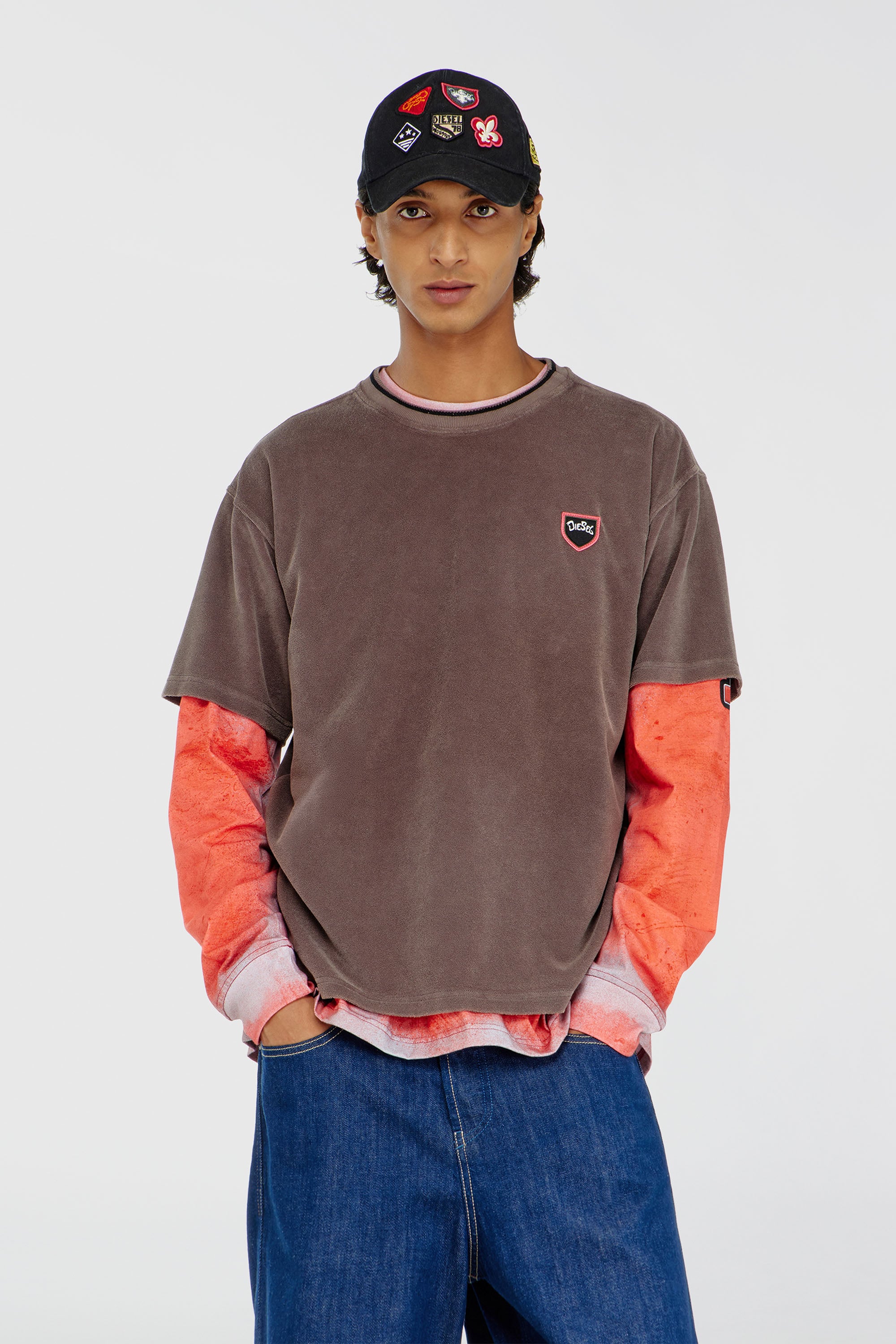 Diesel - T-SPONGY, Man's Chenille T-shirt with shield patch in Brown - 1