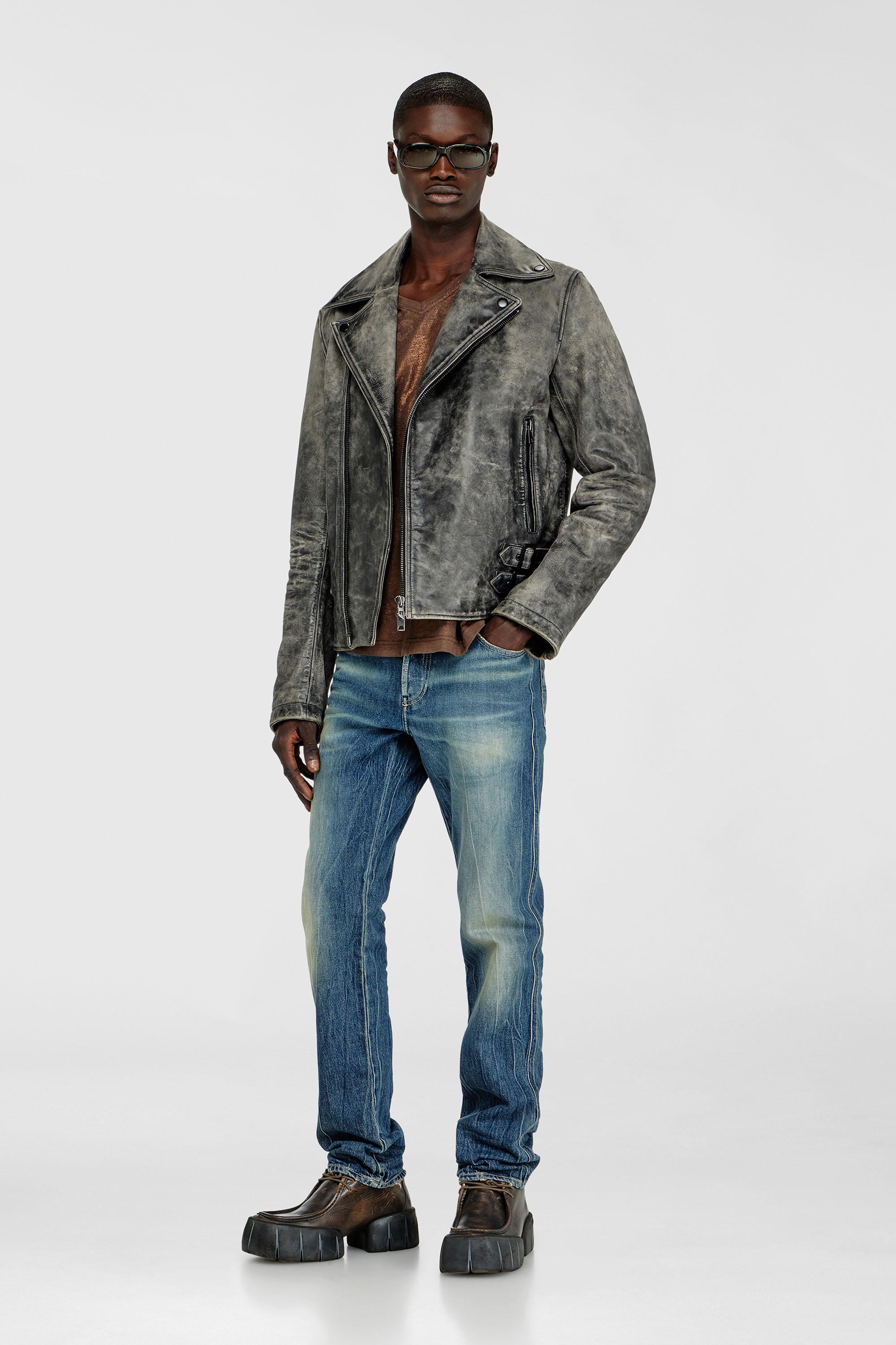 Diesel - L-EON-CJCM, Man's Biker jacket in treated leather in Dark grey - 2