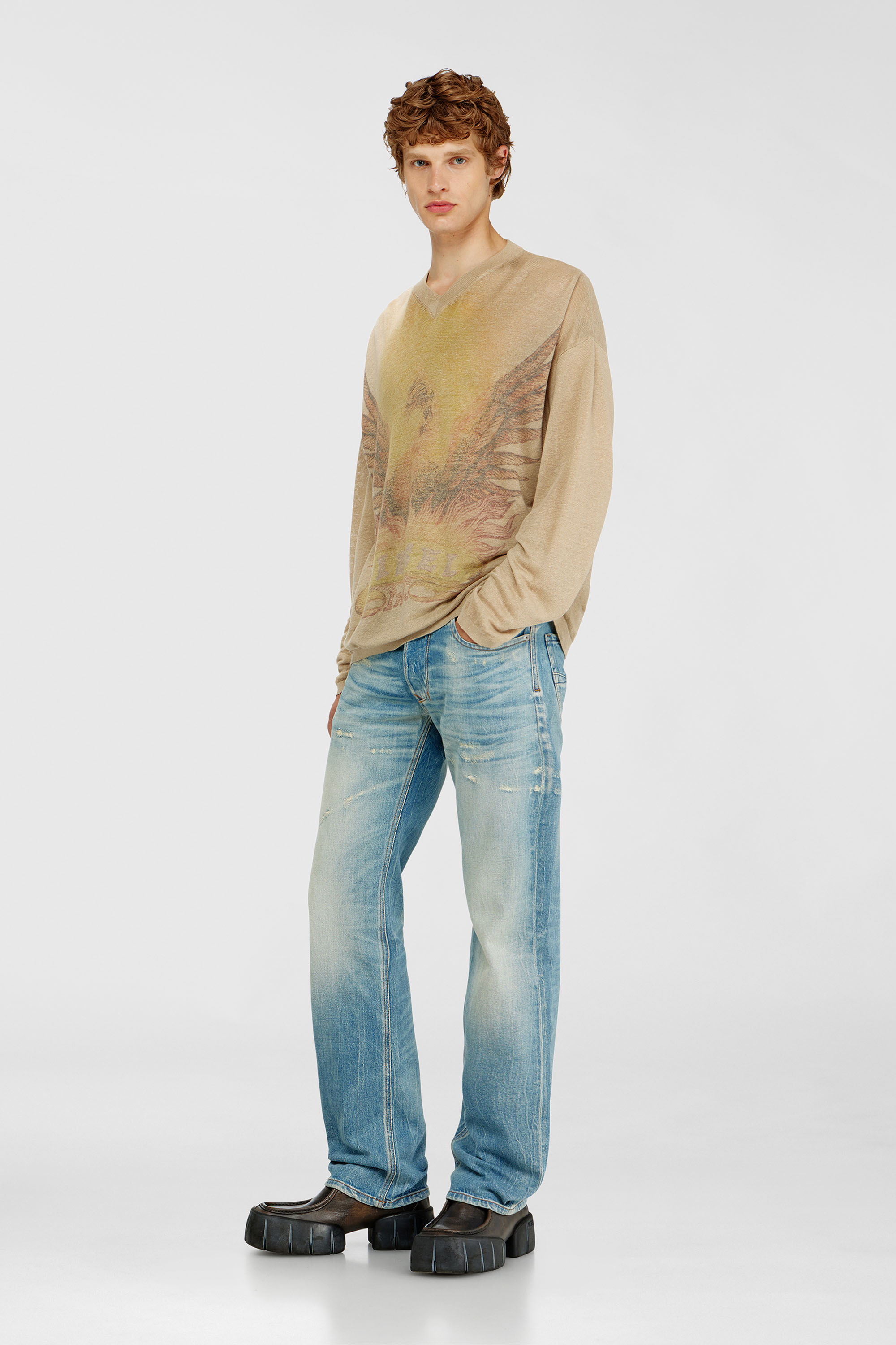 Diesel - K-ARMINS, Man's Linen jumper with faded Phoenix print in Beige - 2