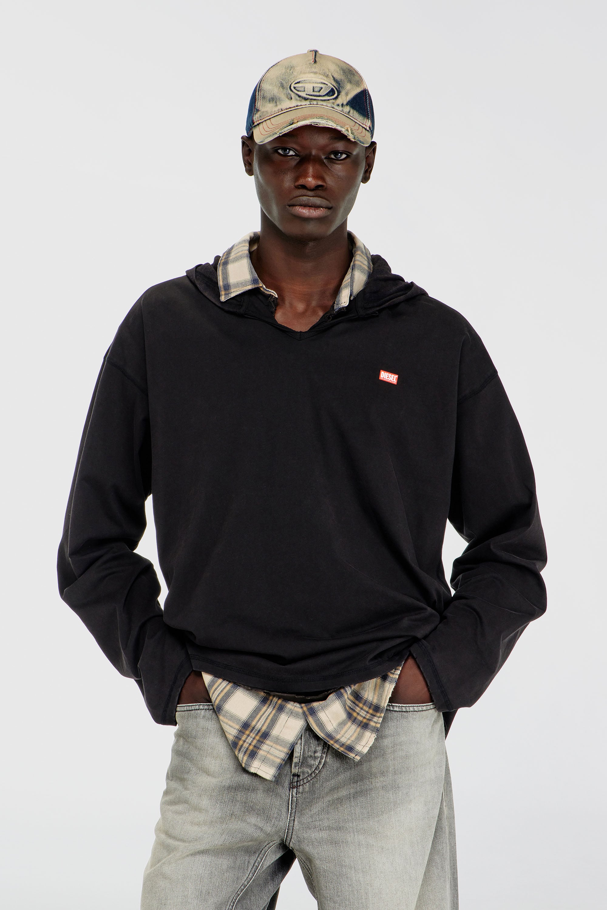 Diesel - T-BOXT-LS-HOOD-CHECK, Man's Long-sleeve T-shirt with flannel hood in Black - 1