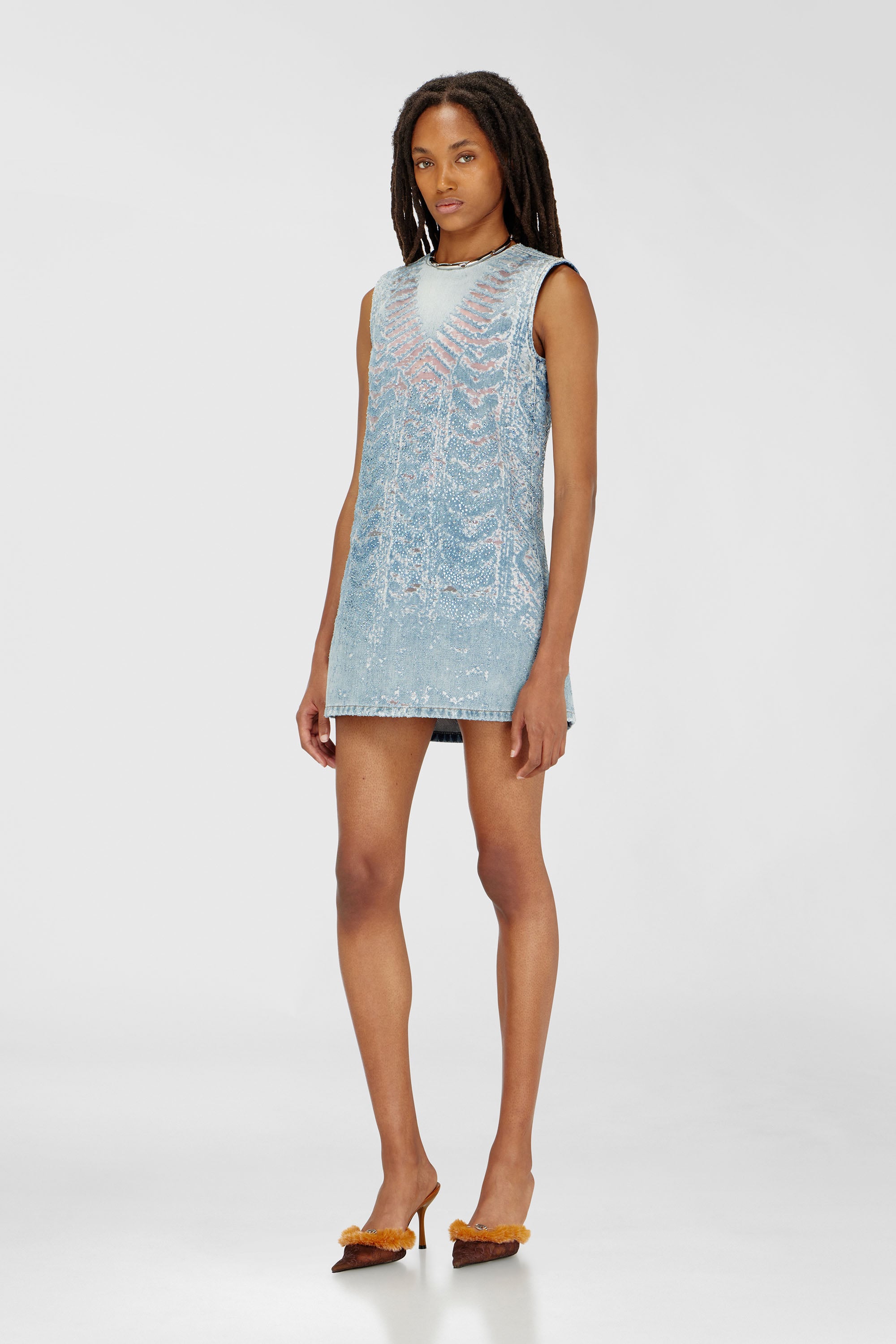 Diesel - DE-MYRELA-S, Woman's Mini dress in microstone devor&eacute; denim in Light Blue - 1