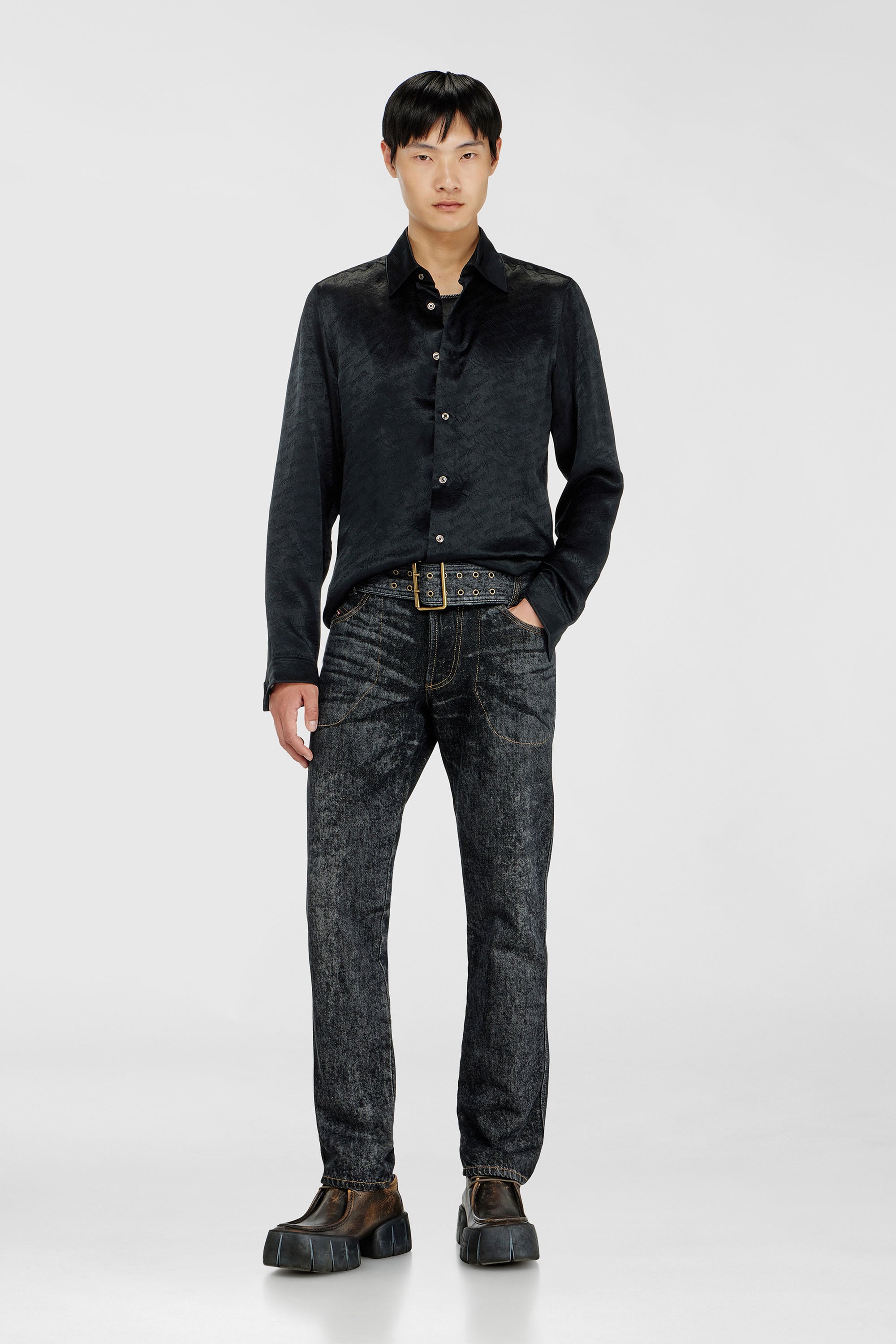 Diesel - S-KINNY-EFBZ, Man's Shirt in logo-jacquard crinkled satin in Black - 2