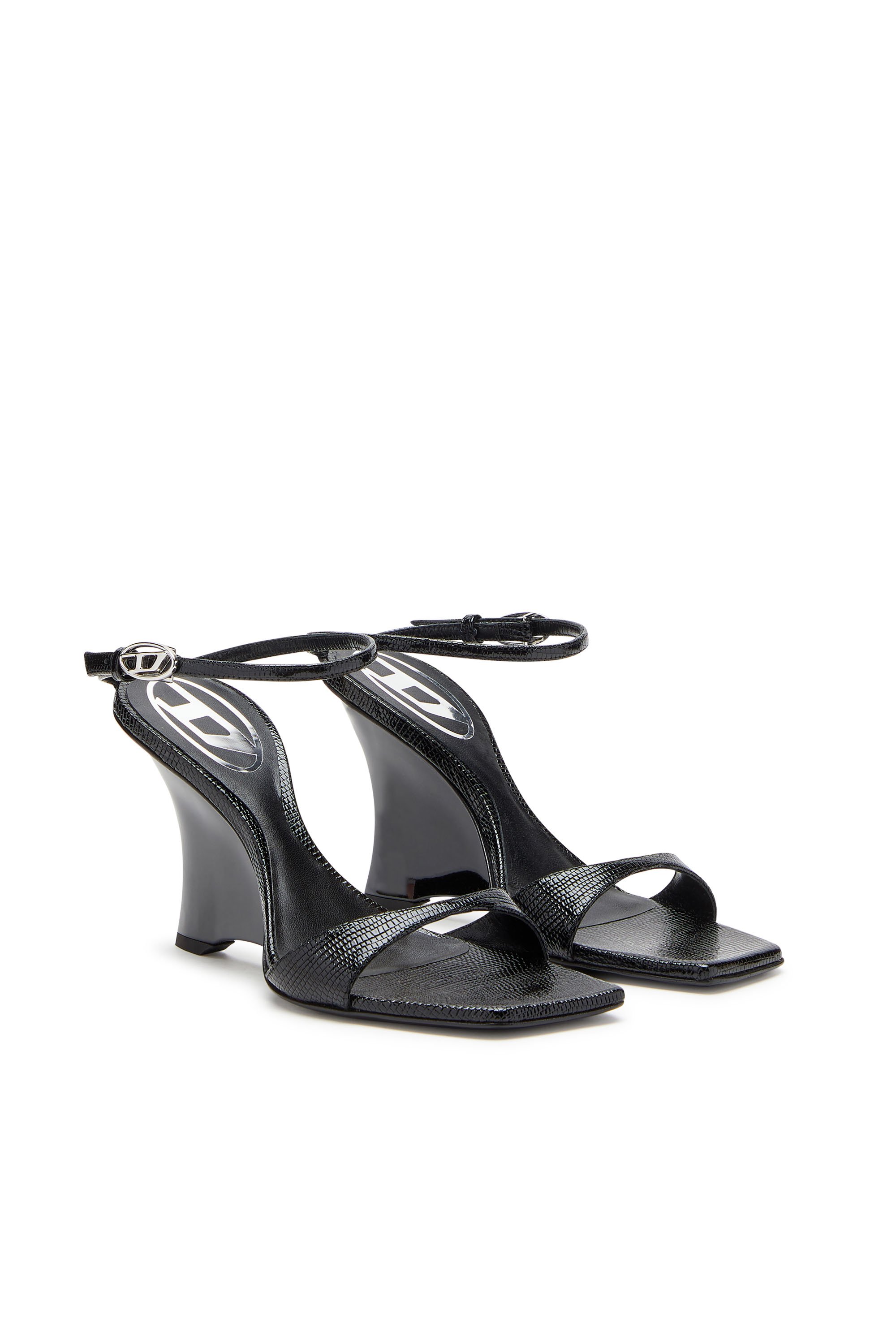 Diesel - D-AMBER SANDAL WEDGE, Woman's D-Amber-Wedge sandals in lizard-effect leather in Black - 3