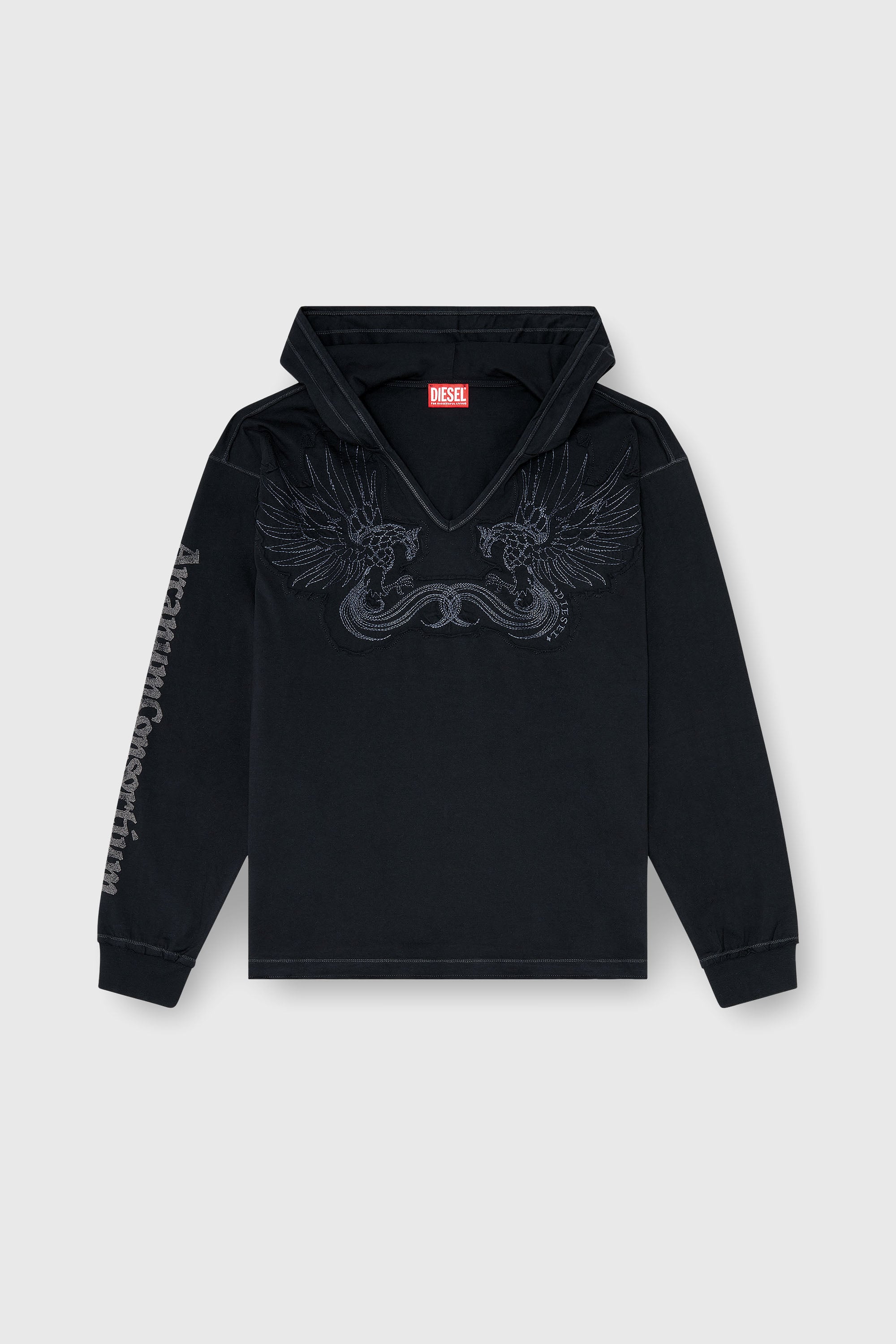 Diesel - T-PHEN-LS-HOOD-RIB, Man's Hoodie with V-neck and embroidered front in Black - 2