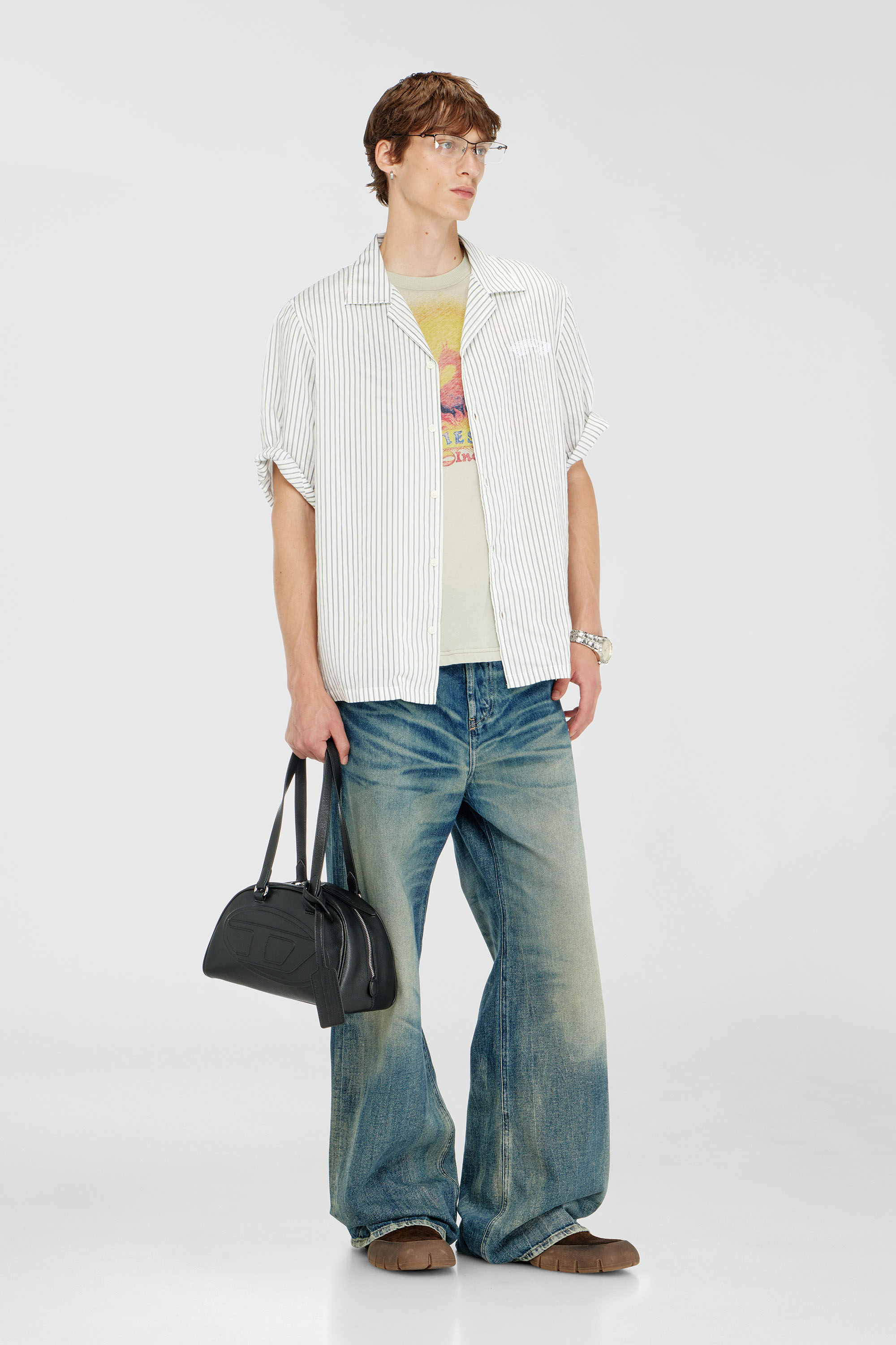 Diesel - S-MAC-EFBV, Man's Half-sleeve shirt in pinstripe modal in White/Grey - 2