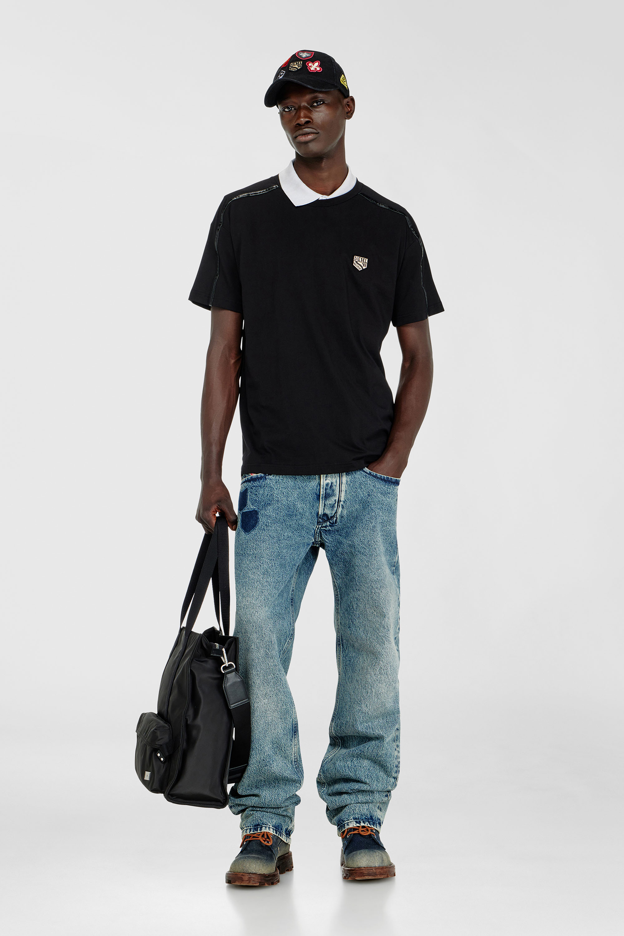Diesel - T-NORM-FL, Man's T-shirt with contrast trims and logo patch in Black - 2